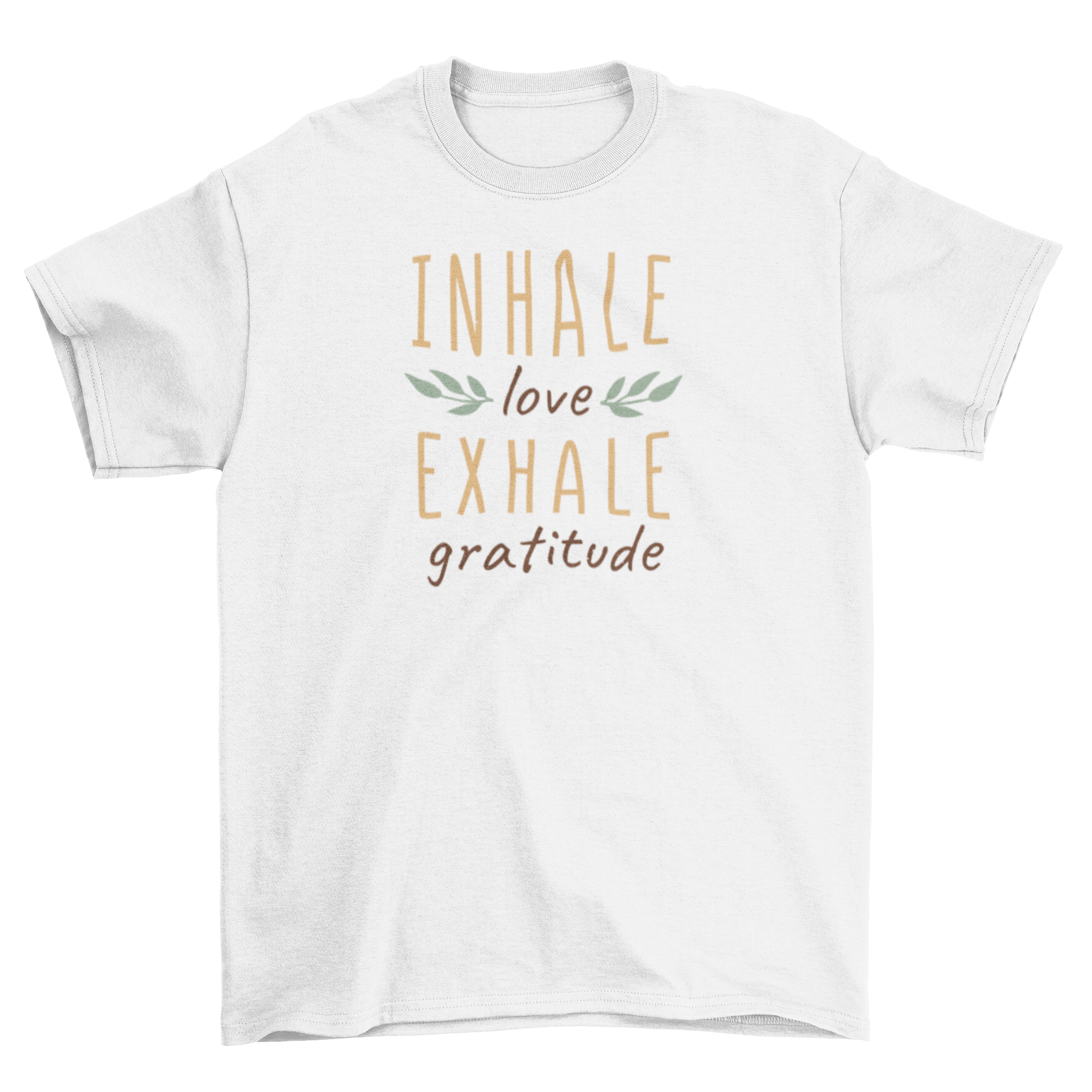 Meditation gratitude affirmation t-shirt featuring the phrase 'Inhale love, exhale gratitude' in a stylish design.