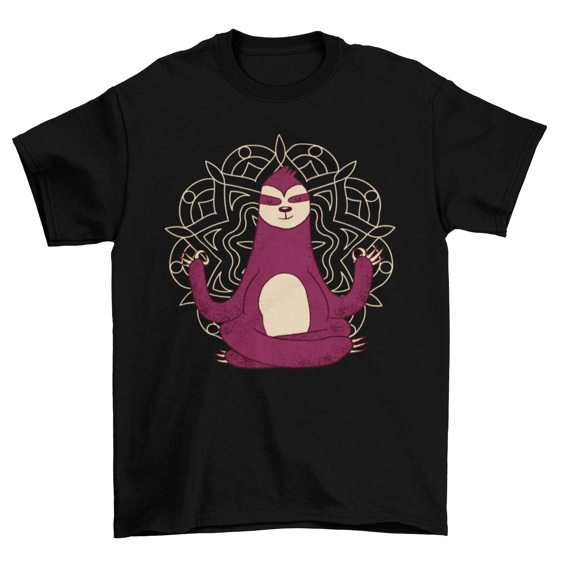 A comfortable T-shirt featuring a cartoon sloth meditating with a colorful mandala background, perfect for yoga and relaxation.