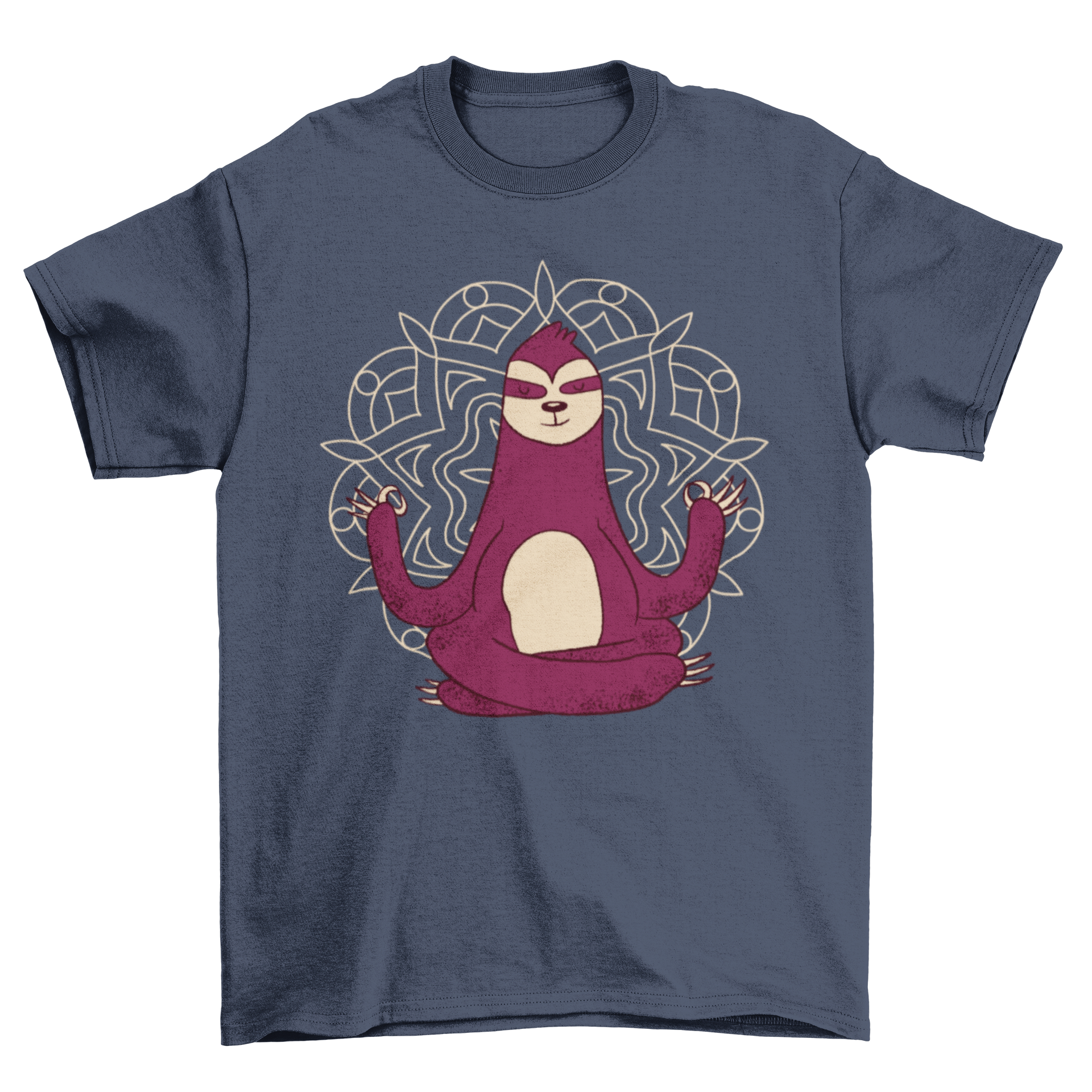 A comfortable T-shirt featuring a cartoon sloth meditating with a colorful mandala background, perfect for yoga and relaxation.