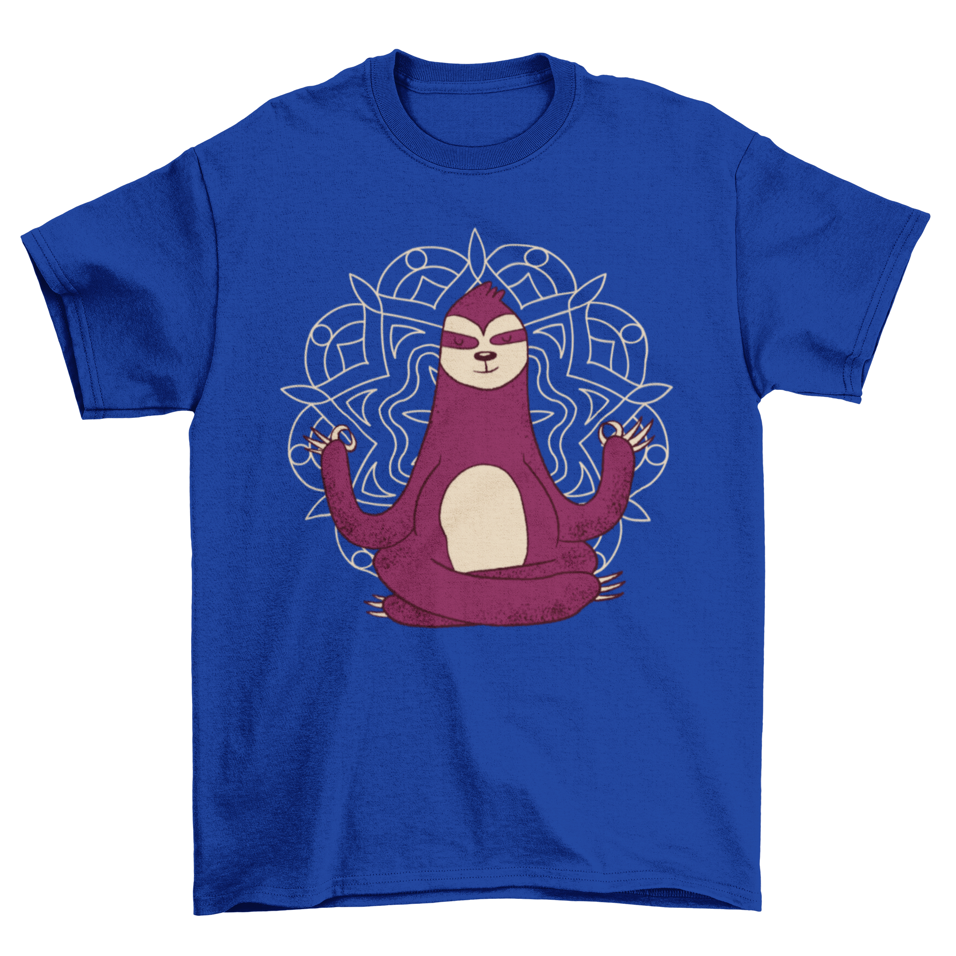 A comfortable T-shirt featuring a cartoon sloth meditating with a colorful mandala background, perfect for yoga and relaxation.