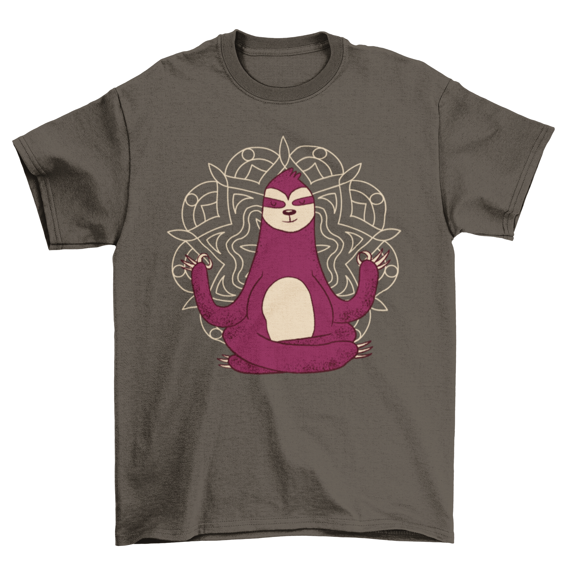 A comfortable T-shirt featuring a cartoon sloth meditating with a colorful mandala background, perfect for yoga and relaxation.