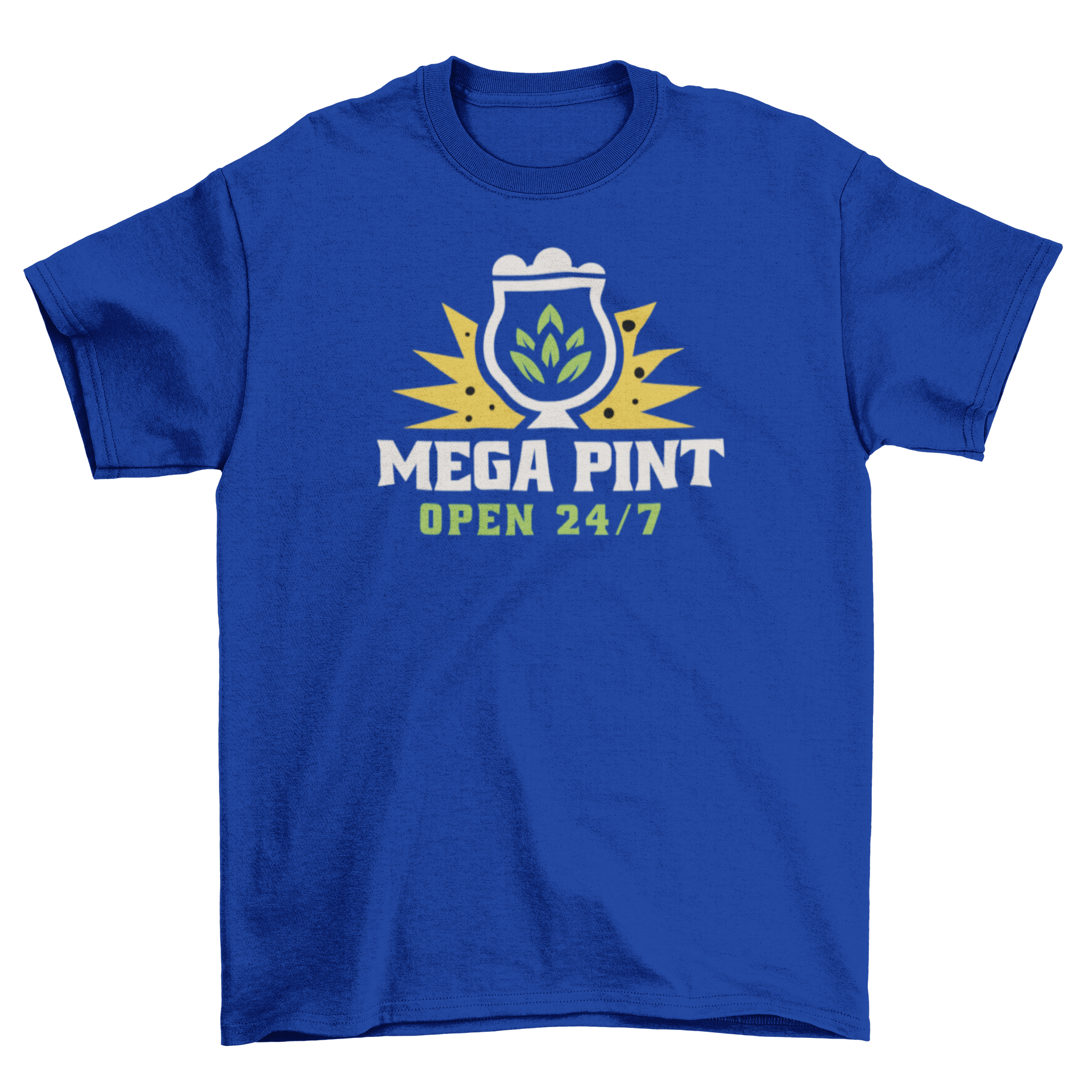 Mega pint beer glass t-shirt featuring a beer glass design and the quote 'Mega pint open 24/7'.