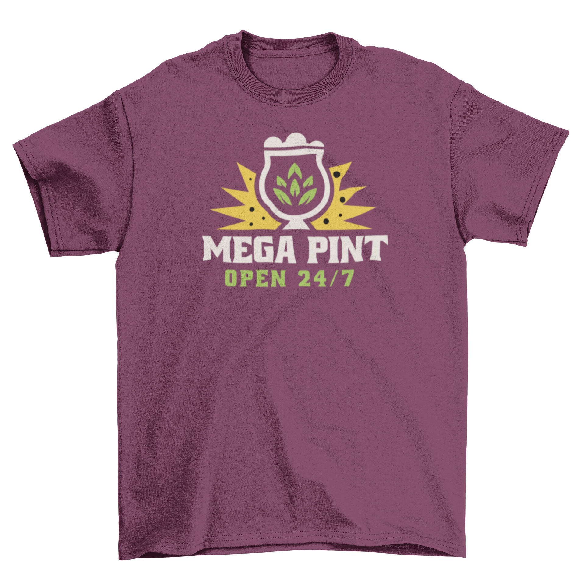 Mega pint beer glass t-shirt featuring a beer glass design and the quote 'Mega pint open 24/7'.