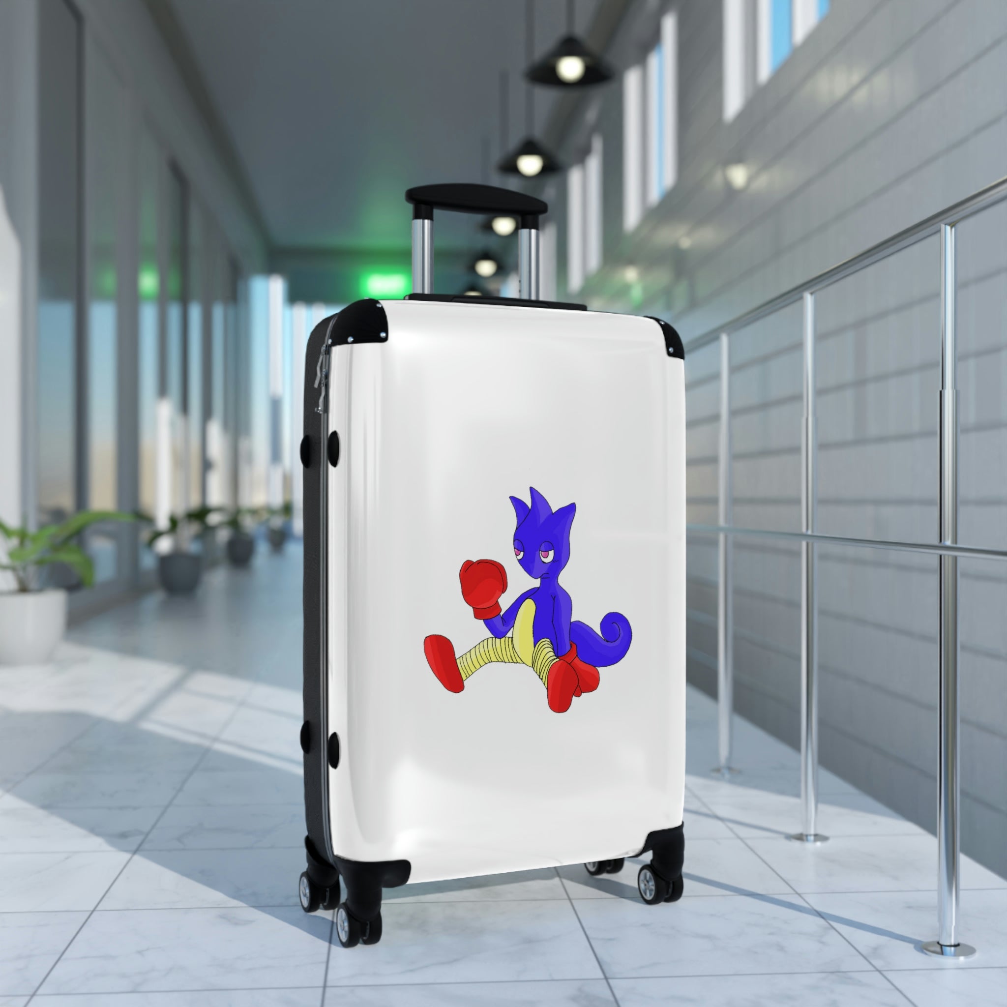 Megatare Cabin Suitcase featuring a personalized design, polycarbonate front, and ABS back, with adjustable handle and 360° swivel wheels.