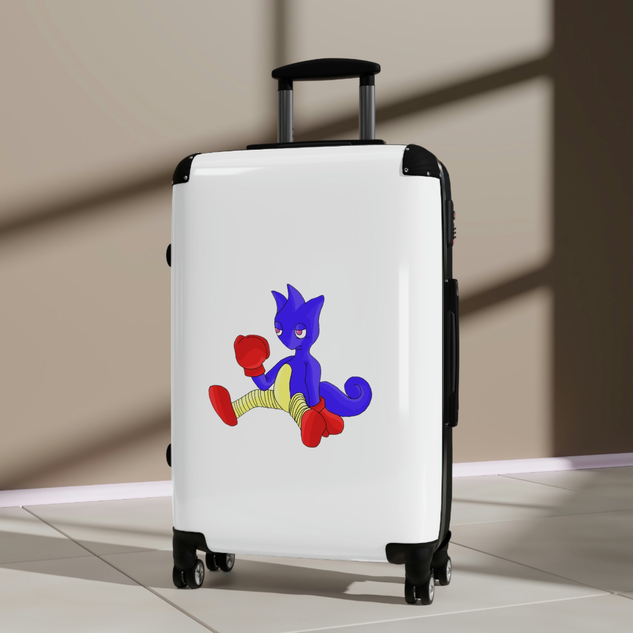 Megatare Cabin Suitcase featuring a personalized design, polycarbonate front, and ABS back, with adjustable handle and 360° swivel wheels.