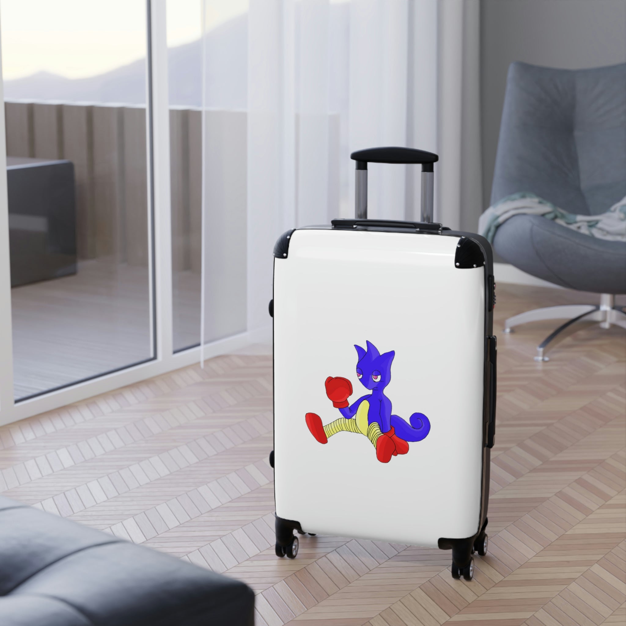 Megatare Cabin Suitcase featuring a personalized design, polycarbonate front, and ABS back, with adjustable handle and 360° swivel wheels.