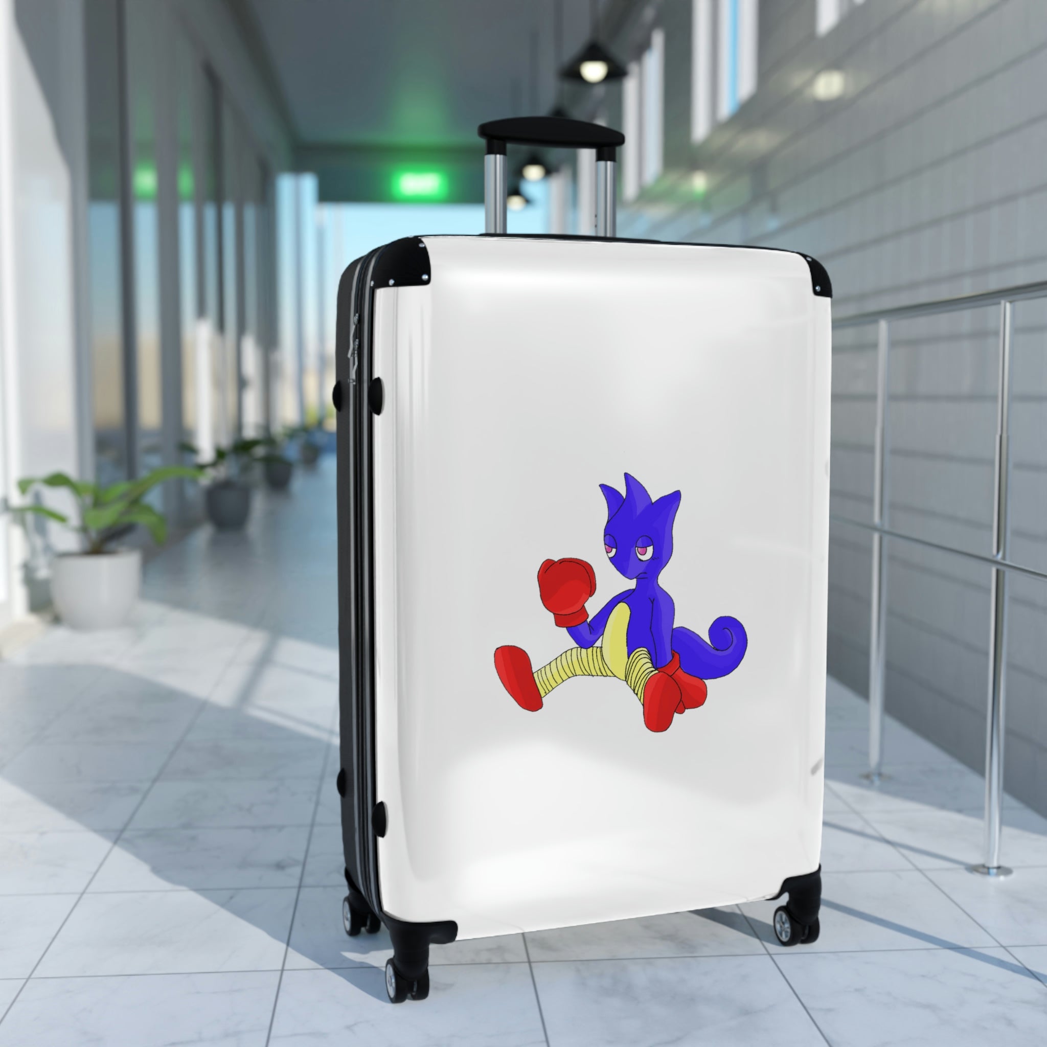 Megatare Cabin Suitcase featuring a personalized design, polycarbonate front, and ABS back, with adjustable handle and 360° swivel wheels.