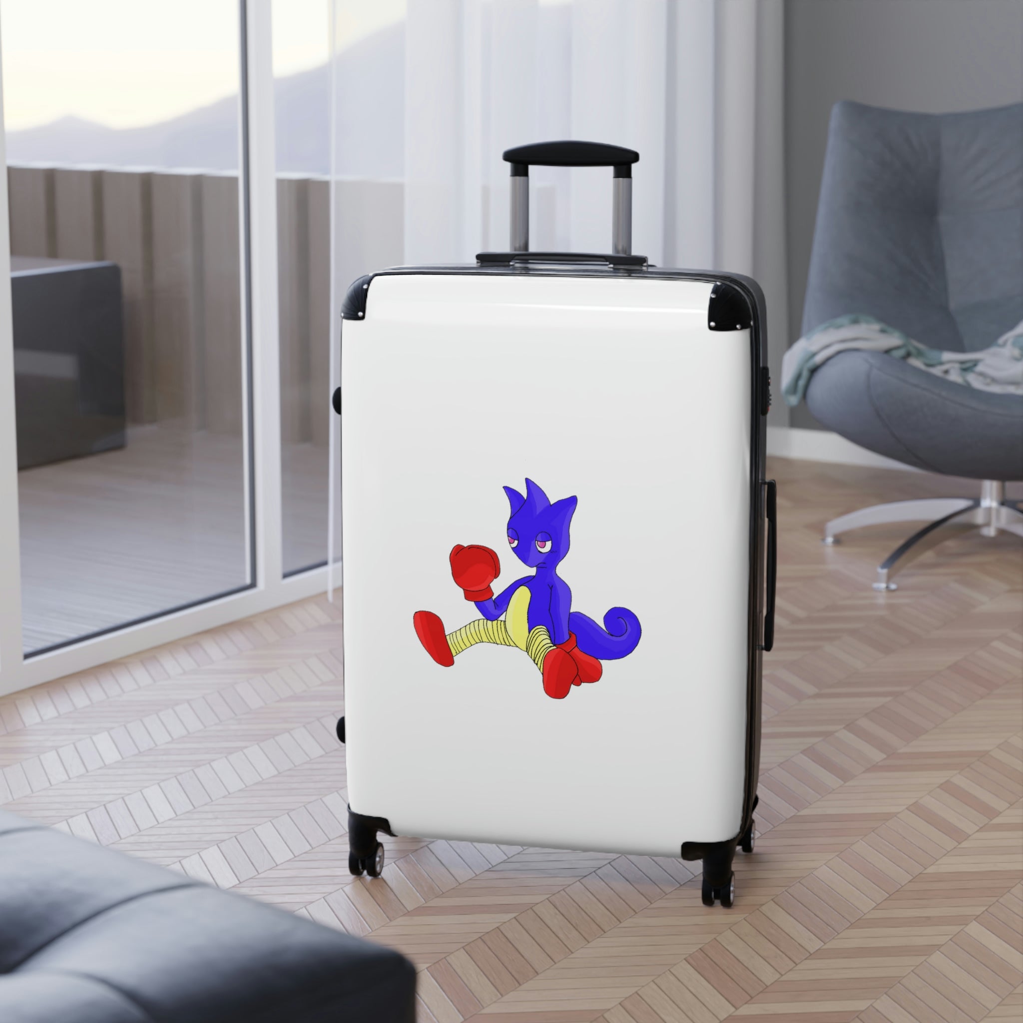 Megatare Cabin Suitcase featuring a personalized design, polycarbonate front, and ABS back, with adjustable handle and 360° swivel wheels.