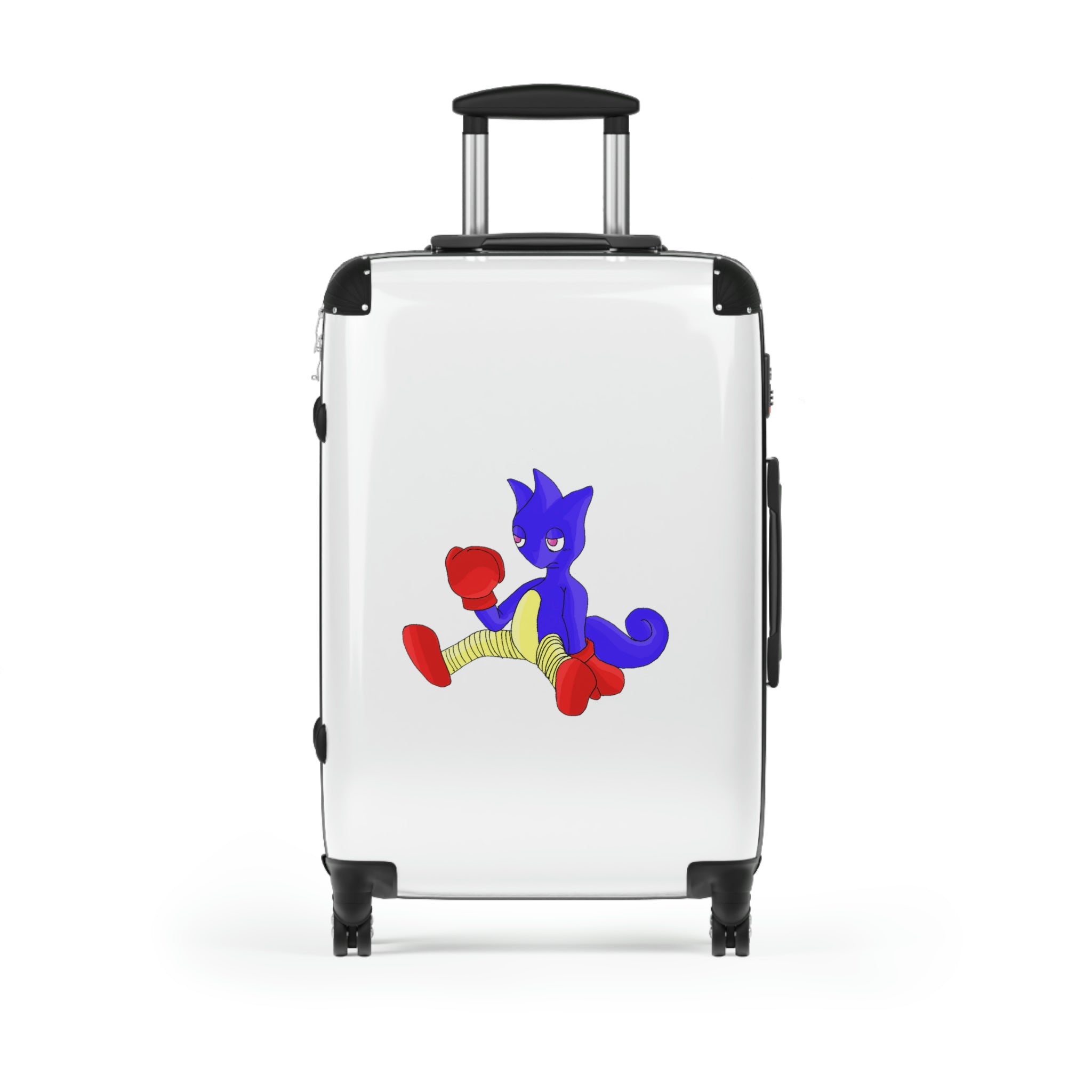 Megatare Cabin Suitcase featuring a personalized design, polycarbonate front, and ABS back, with adjustable handle and 360° swivel wheels.