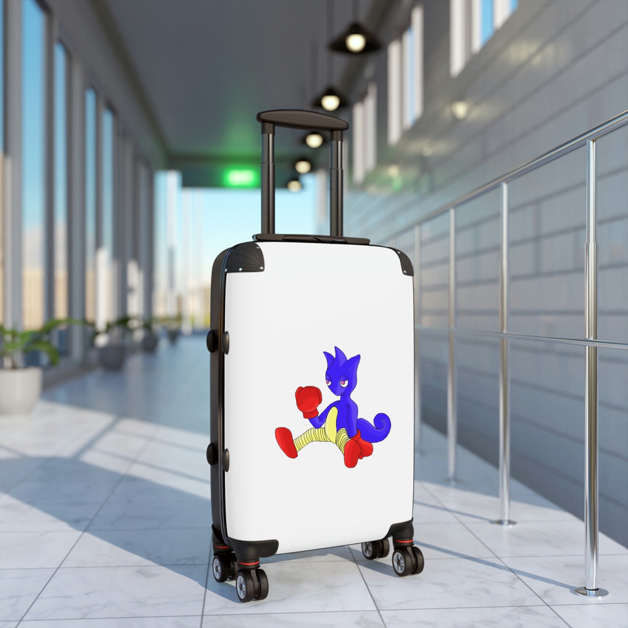 Megatare Cabin Suitcase featuring a personalized design, polycarbonate front, and ABS back, with adjustable handle and 360° swivel wheels.