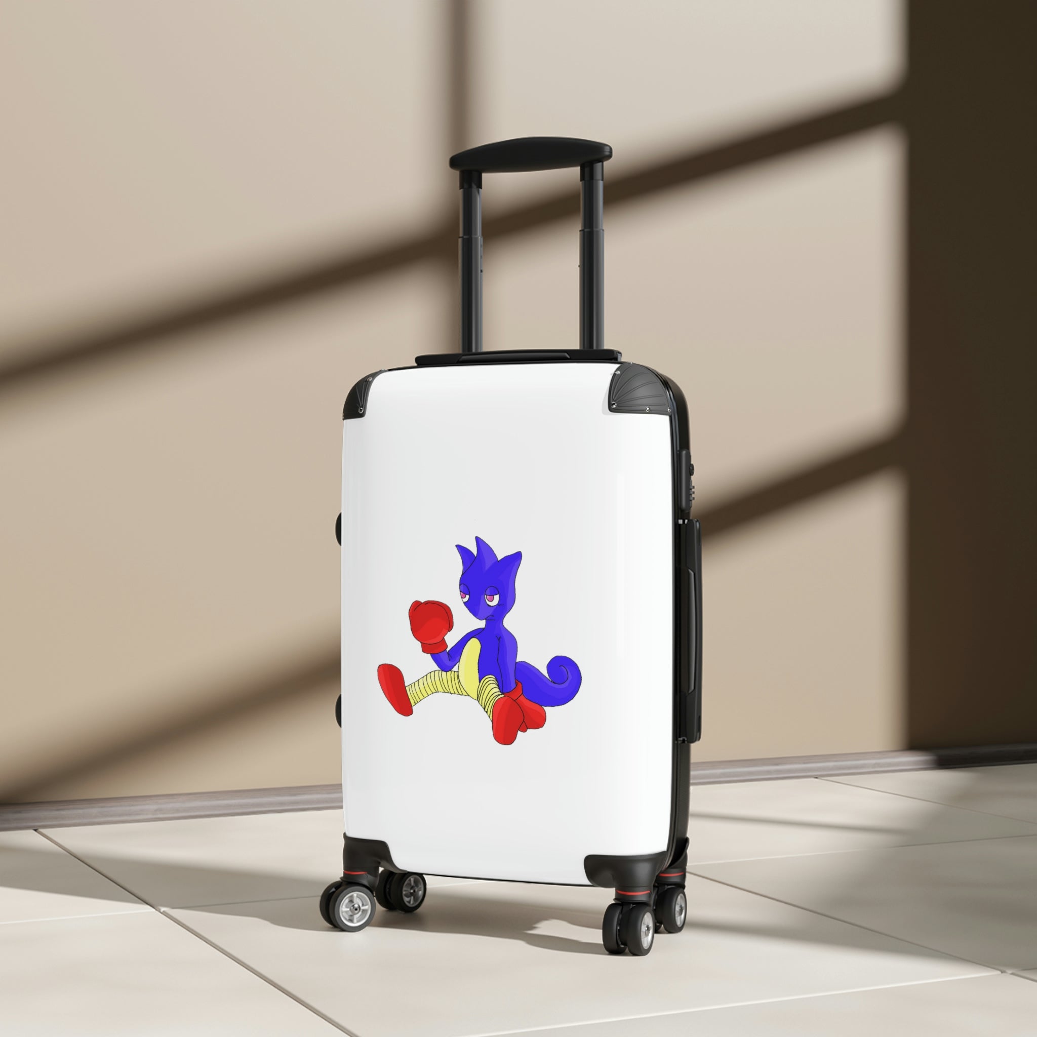 Megatare Cabin Suitcase featuring a personalized design, polycarbonate front, and ABS back, with adjustable handle and 360° swivel wheels.