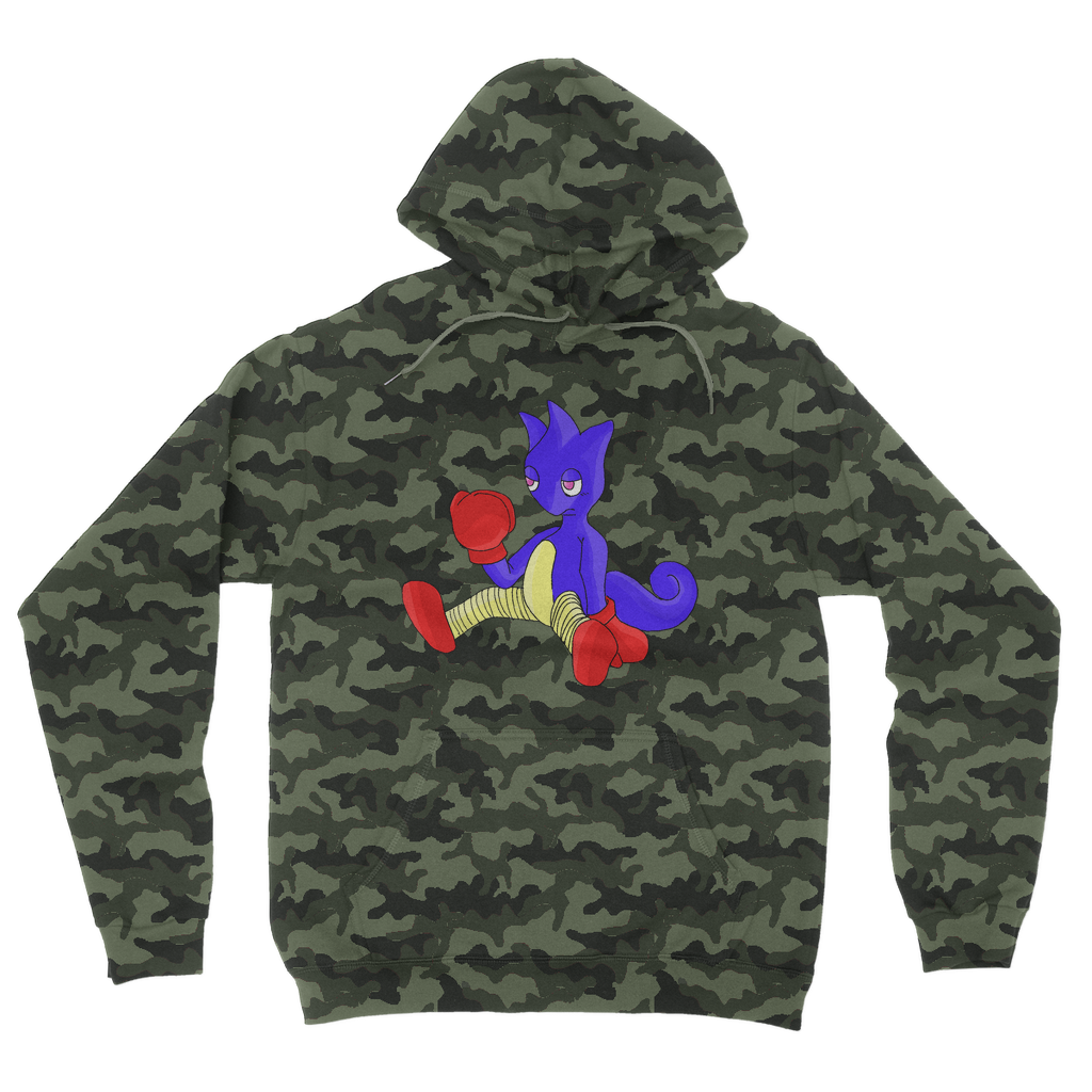 Megatare Camouflage Adult Hoodie featuring an all-over camo design, flat lace drawcords, and kangaroo pouch pocket.