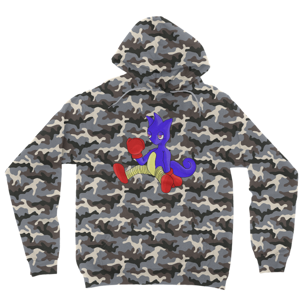 Megatare Camouflage Adult Hoodie featuring an all-over camo design, flat lace drawcords, and kangaroo pouch pocket.