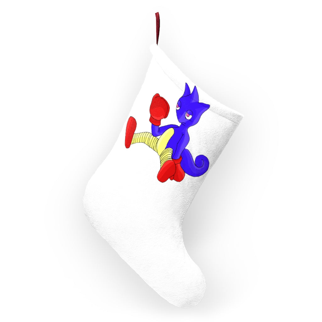 Megatare Christmas Stockings hanging by a fireplace, featuring custom prints and a festive design.