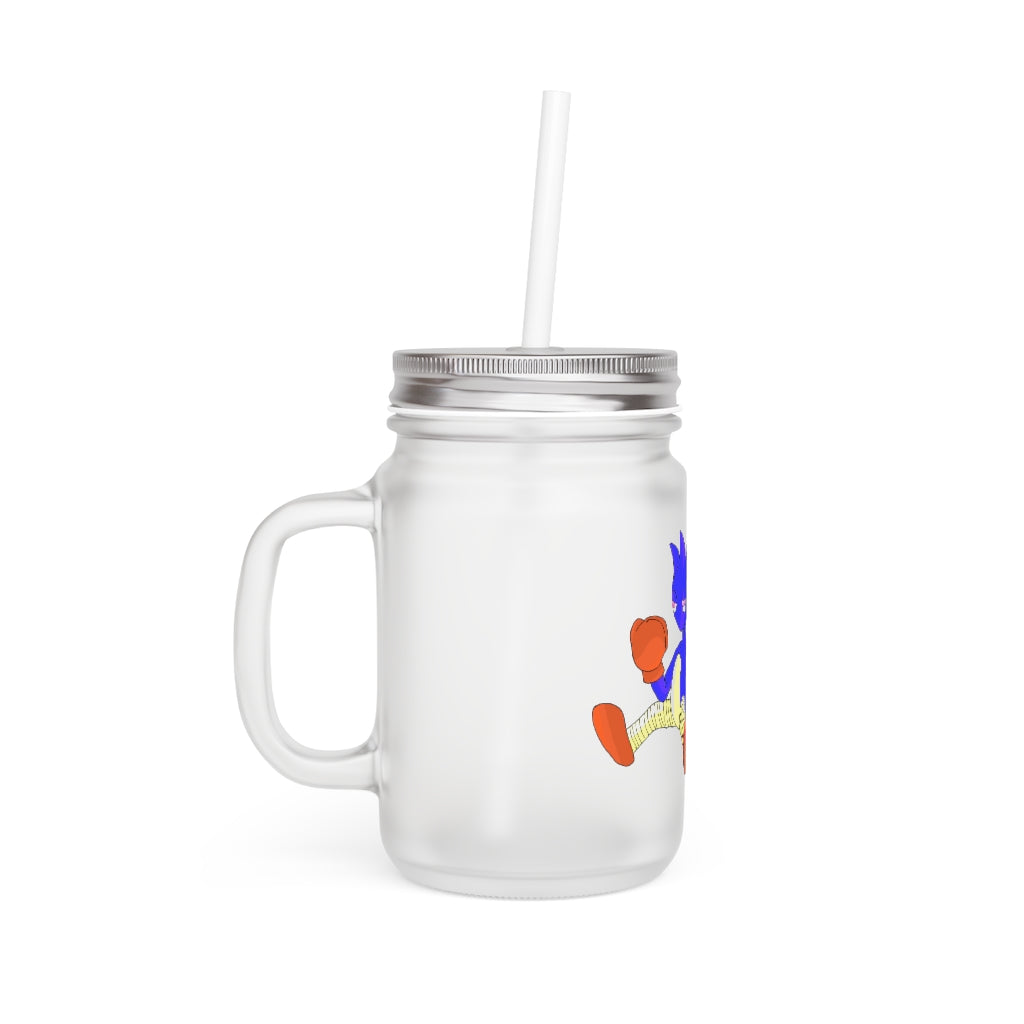 A stylish Megatare Mason Jar made of frosted glass, featuring a straw and lid, perfect for personalized drinks.