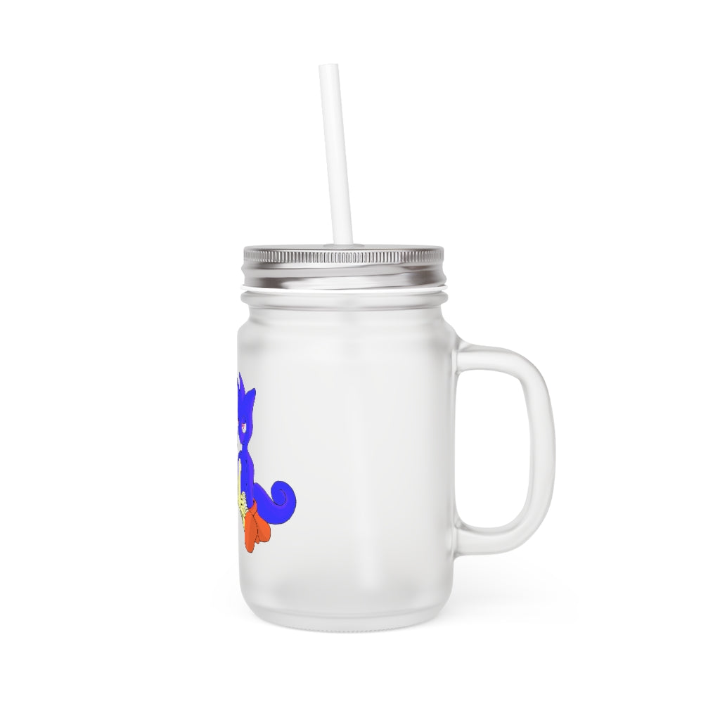 A stylish Megatare Mason Jar made of frosted glass, featuring a straw and lid, perfect for personalized drinks.