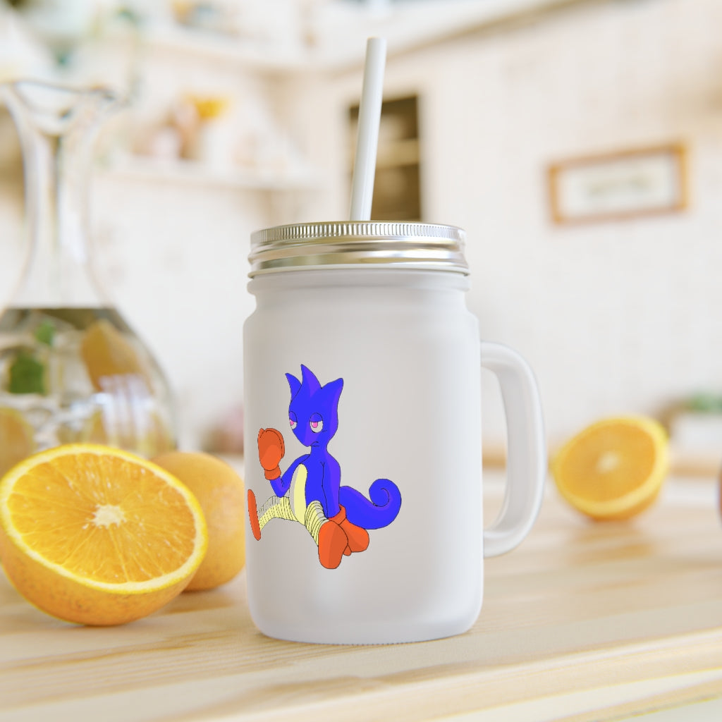 A stylish Megatare Mason Jar made of frosted glass, featuring a straw and lid, perfect for personalized drinks.