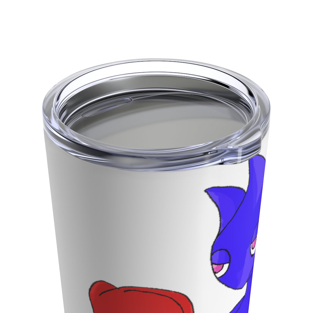 Megatare Tumbler 20oz in stainless steel with a see-thru plastic lid, showcasing its sleek design and rounded corners.