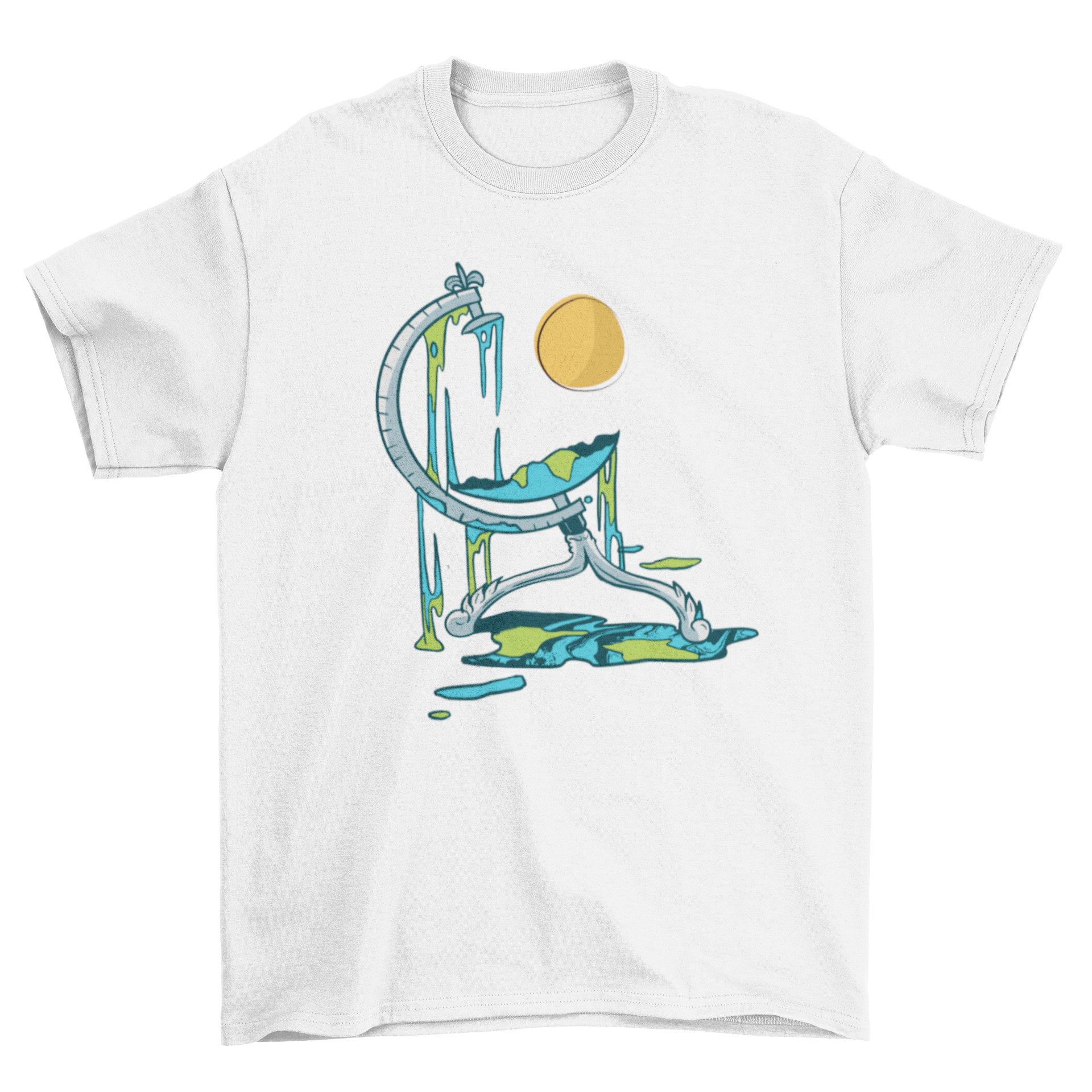 Melted Globe T-shirt featuring a unique melting globe design with a sun in the background, showcasing eco-conscious fashion.