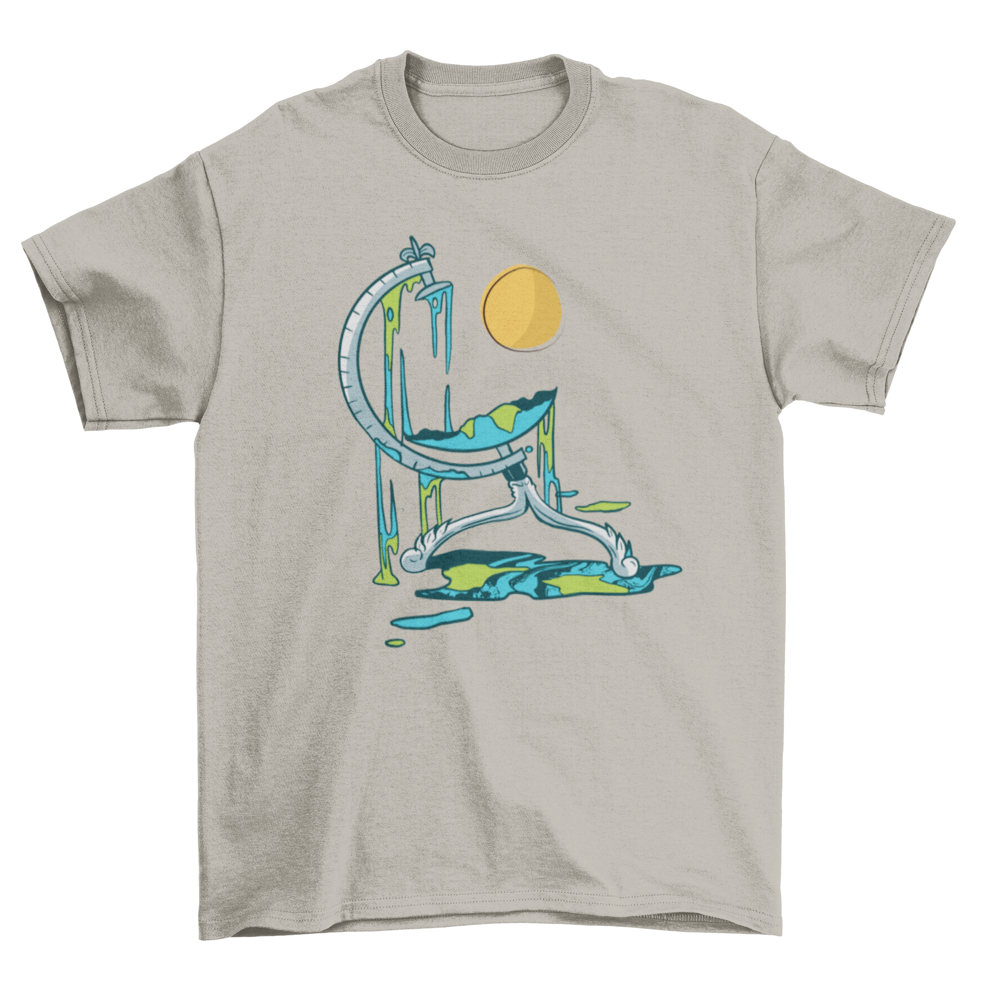 Melted Globe T-shirt featuring a unique melting globe design with a sun in the background, showcasing eco-conscious fashion.