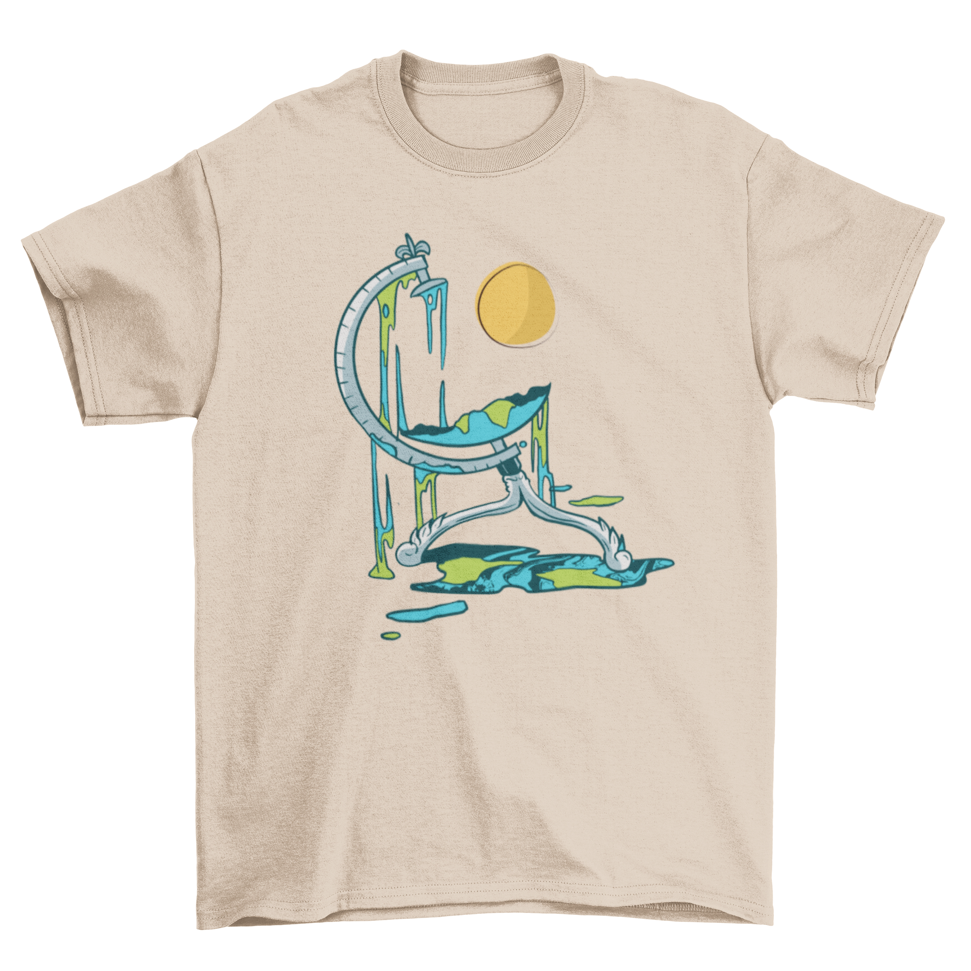 Melted Globe T-shirt featuring a unique melting globe design with a sun in the background, showcasing eco-conscious fashion.