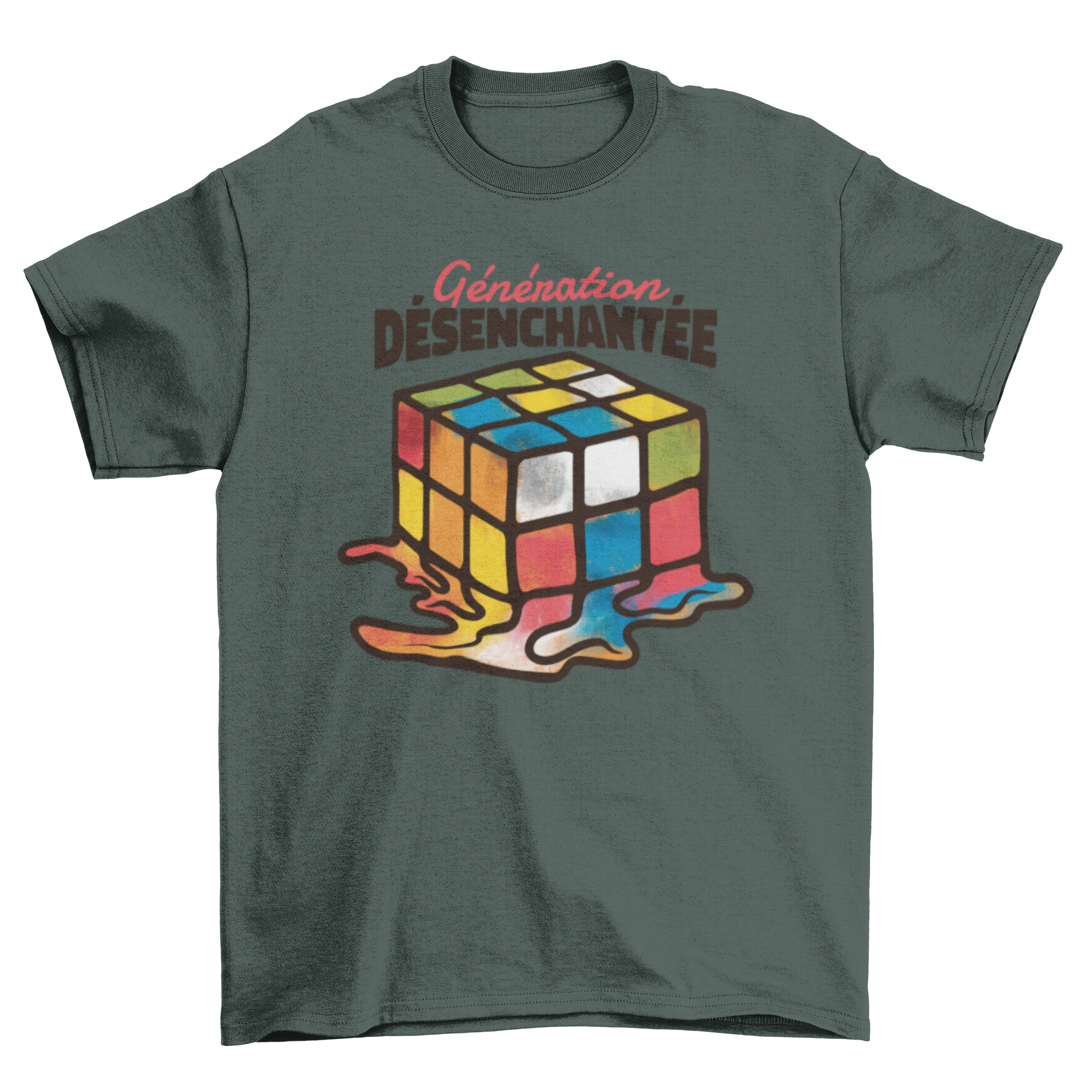 Melted Rubik's Cube t-shirt featuring a colorful design and French quote.