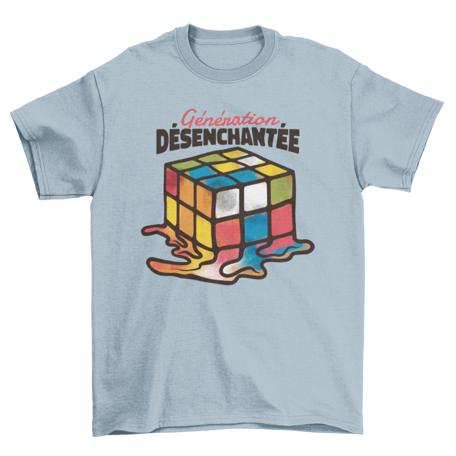 Melted Rubik's Cube t-shirt featuring a colorful design and French quote.