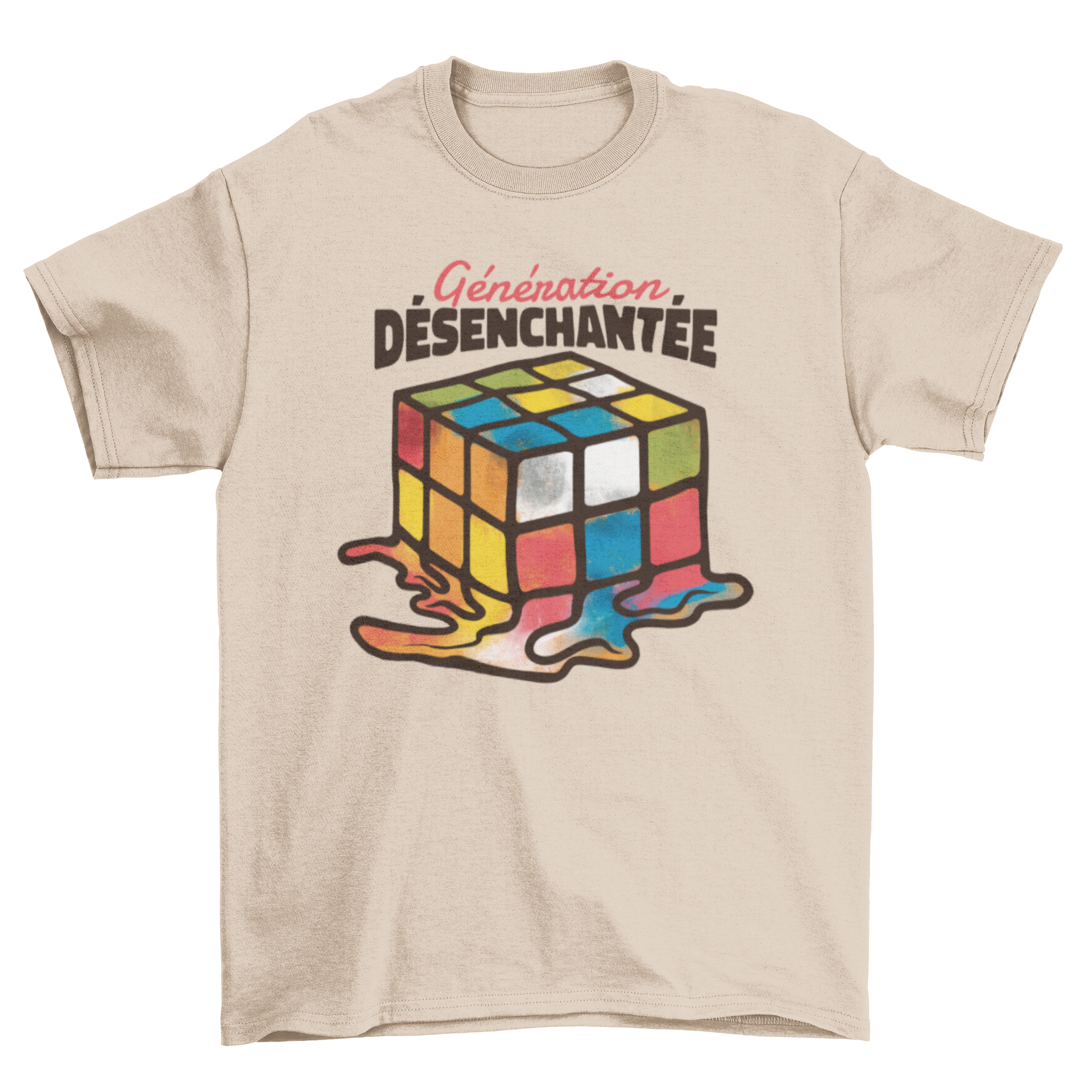 Melted Rubik's Cube t-shirt featuring a colorful design and French quote.