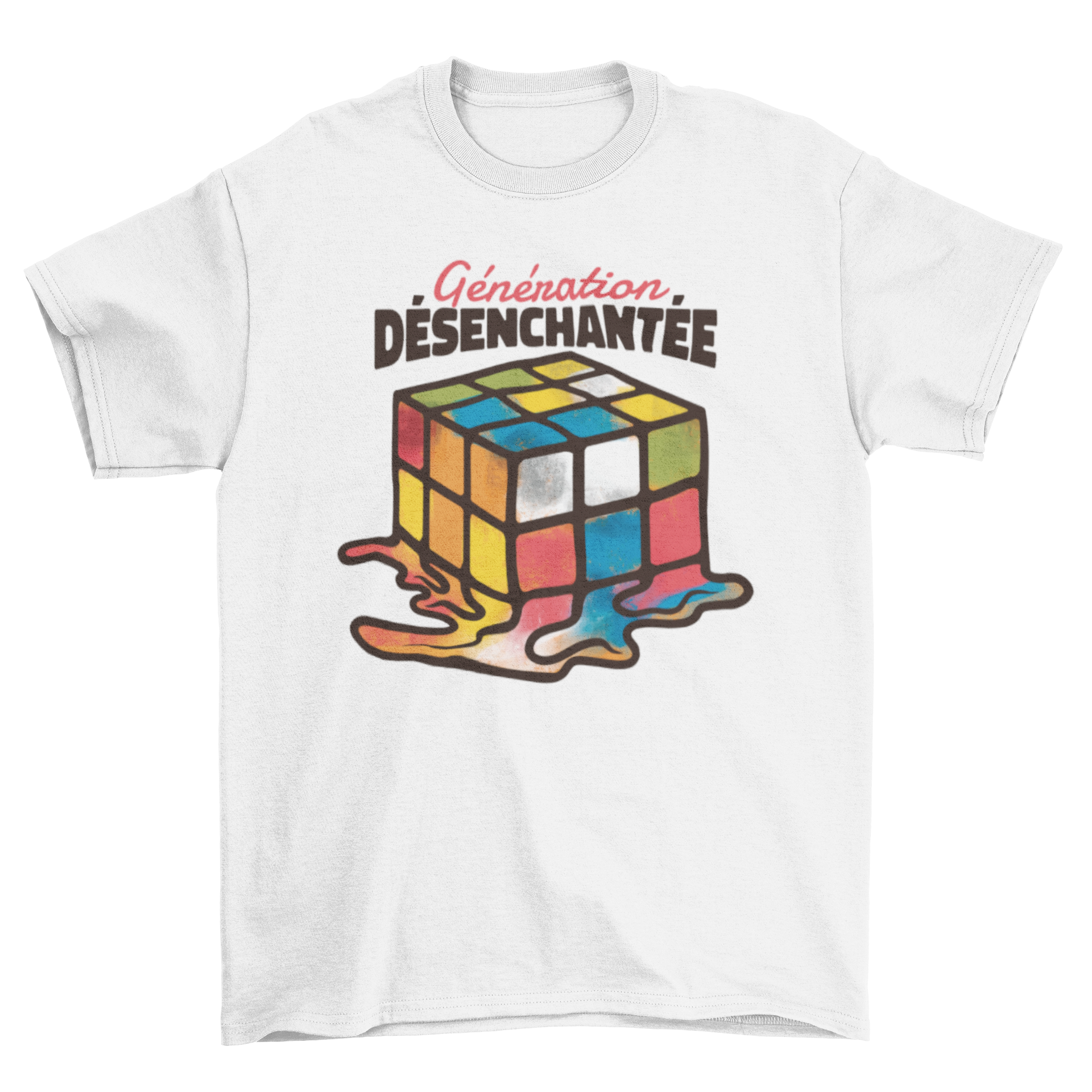 Melted Rubik's Cube t-shirt featuring a colorful design and French quote.