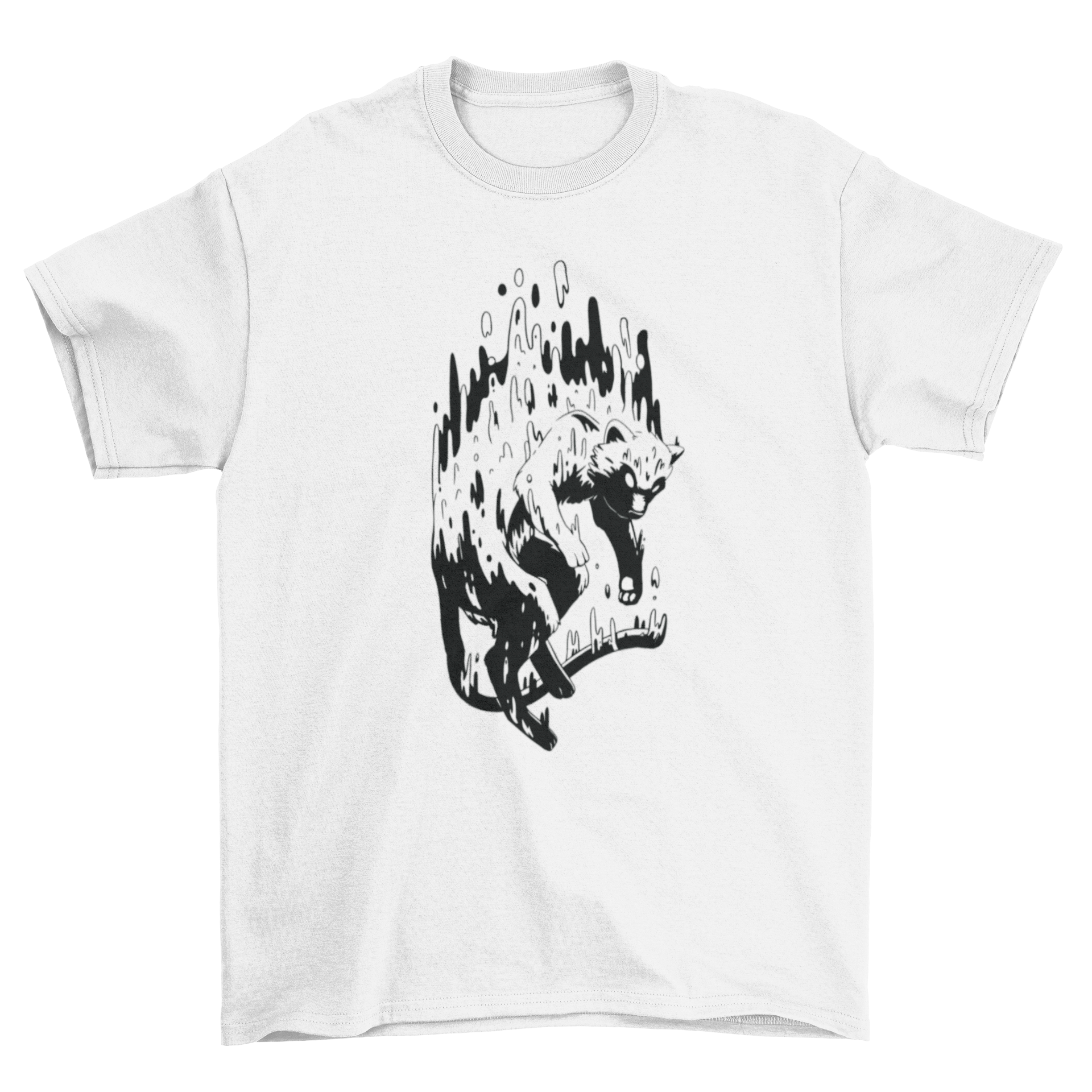 A stylish t-shirt featuring a melting animal-like creature design, showcasing vibrant colors and artistic flair.