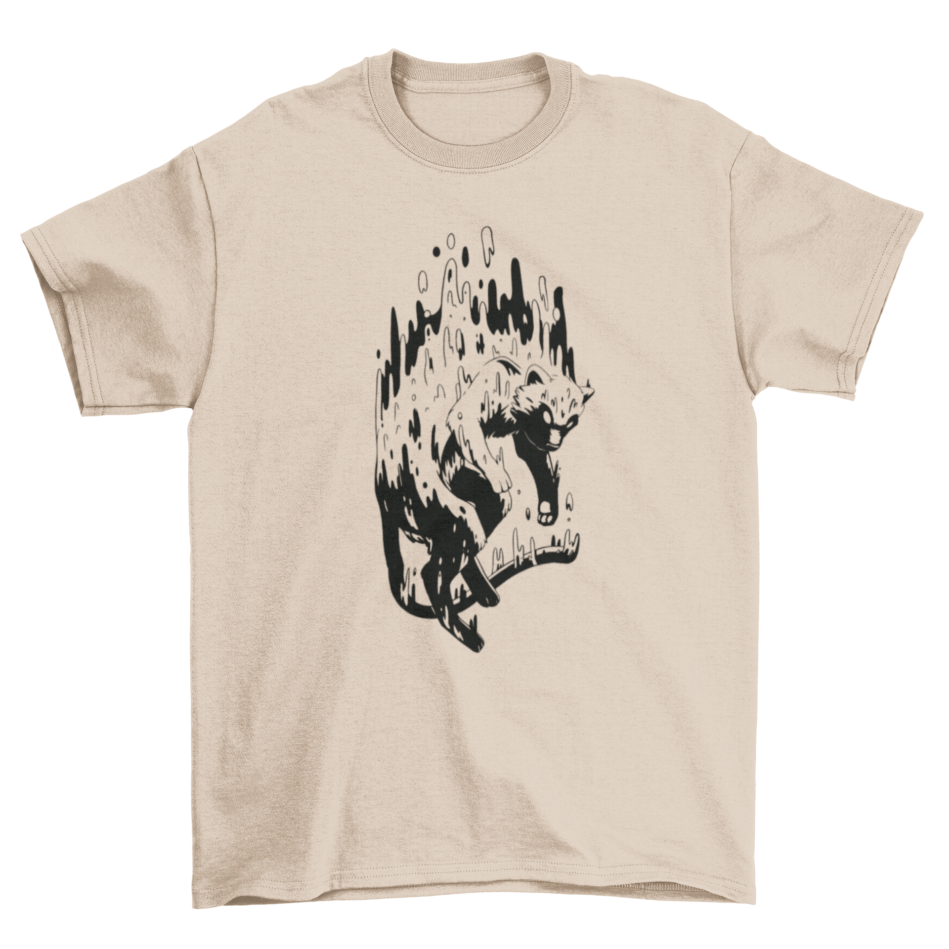 A stylish t-shirt featuring a melting animal-like creature design, showcasing vibrant colors and artistic flair.