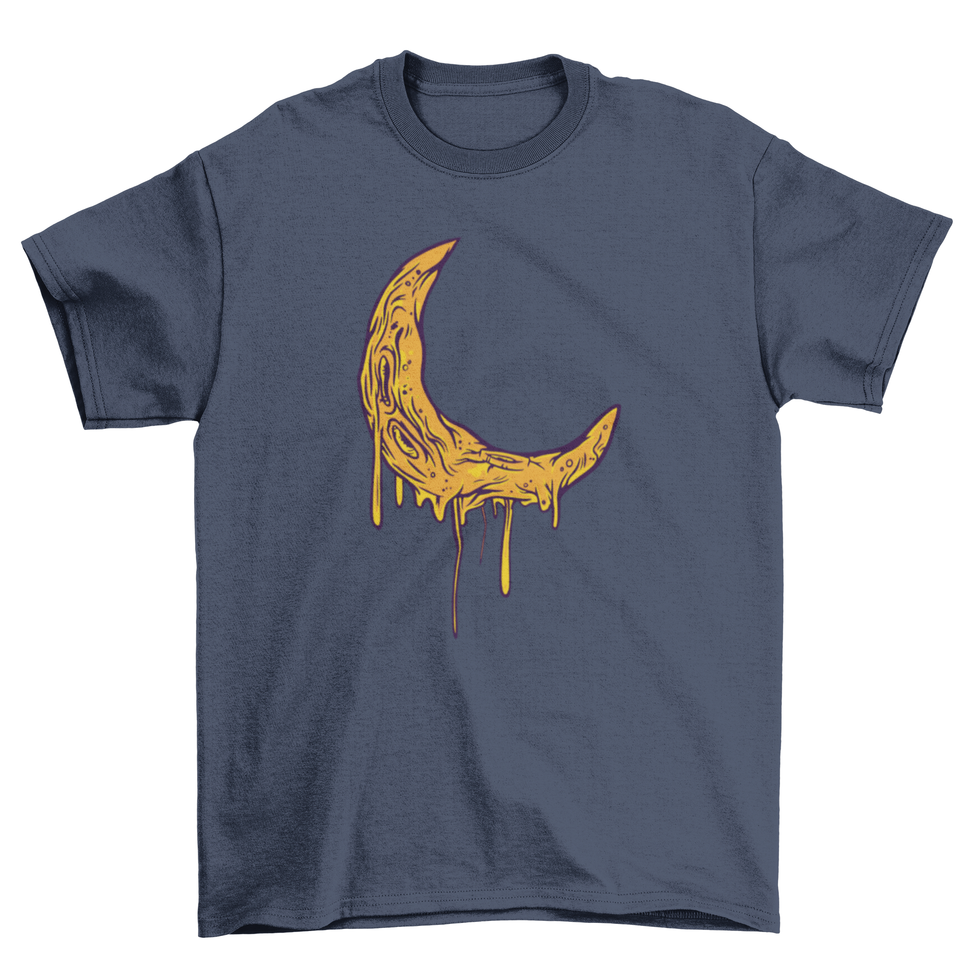 Melting Moon T-Shirt featuring a unique illustration of a waning crescent moon with a melting effect.