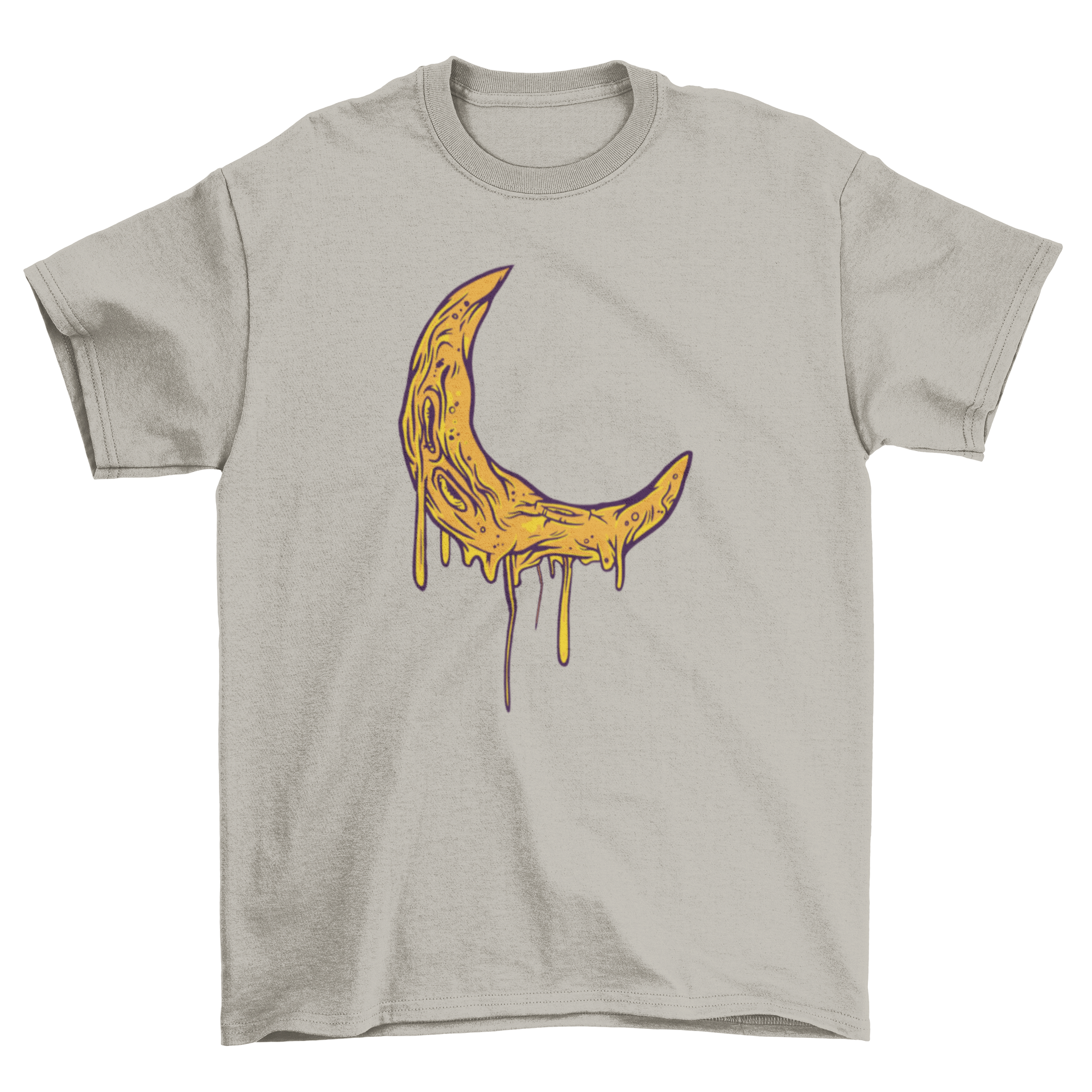 Melting Moon T-Shirt featuring a unique illustration of a waning crescent moon with a melting effect.