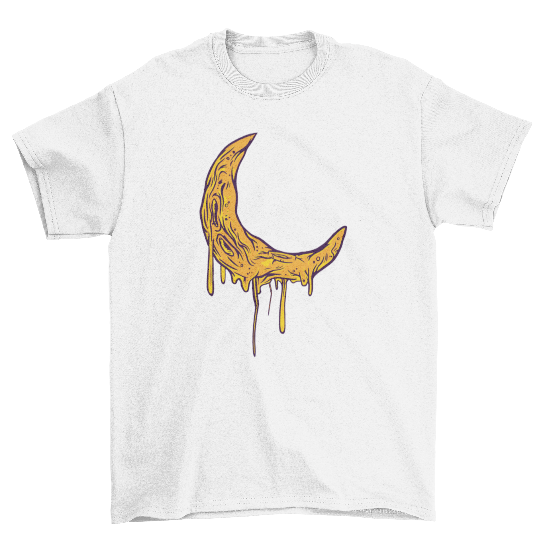 Melting Moon T-Shirt featuring a unique illustration of a waning crescent moon with a melting effect.