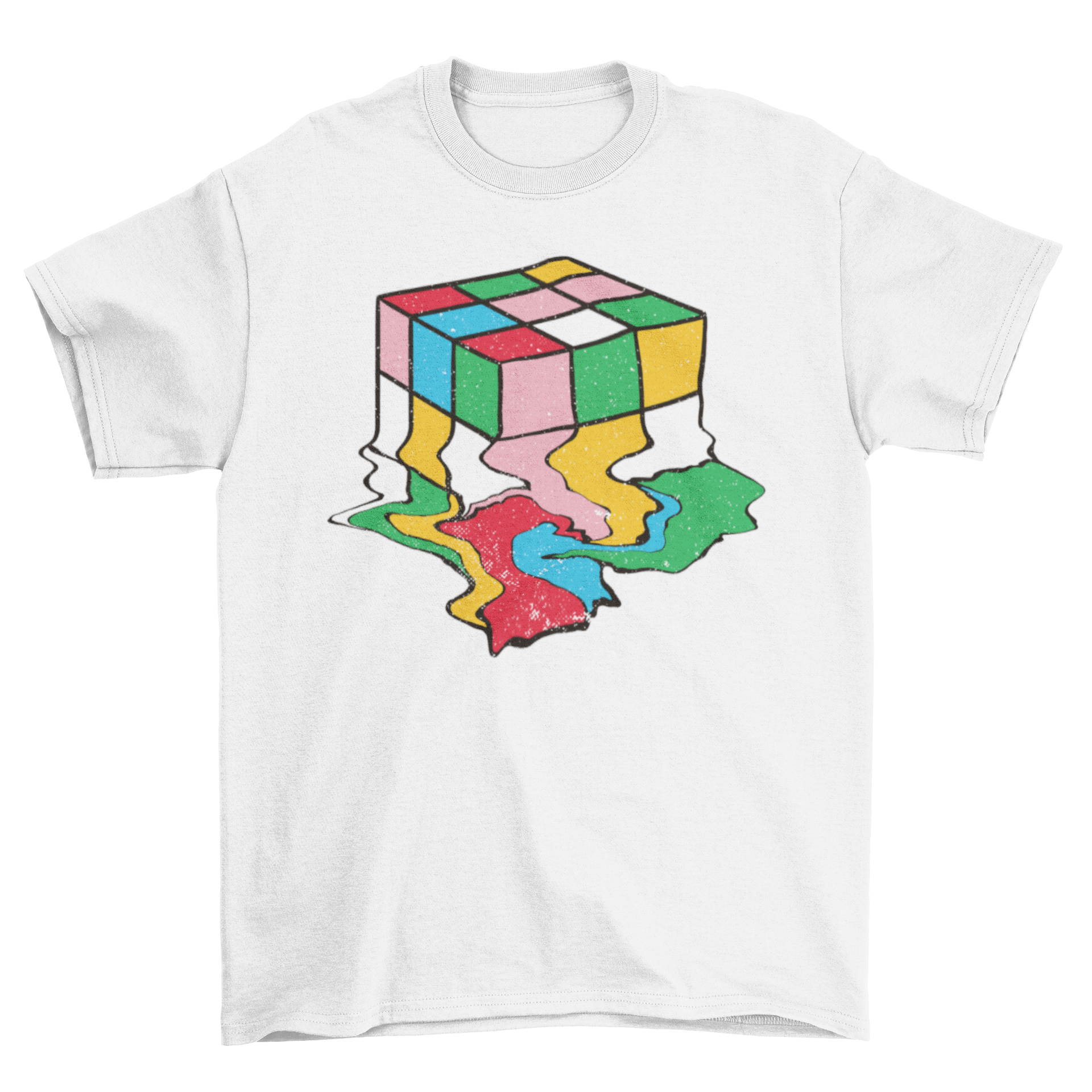 A stylish t-shirt featuring a melting Rubik's cube illustration, showcasing vibrant colors and a unique design.