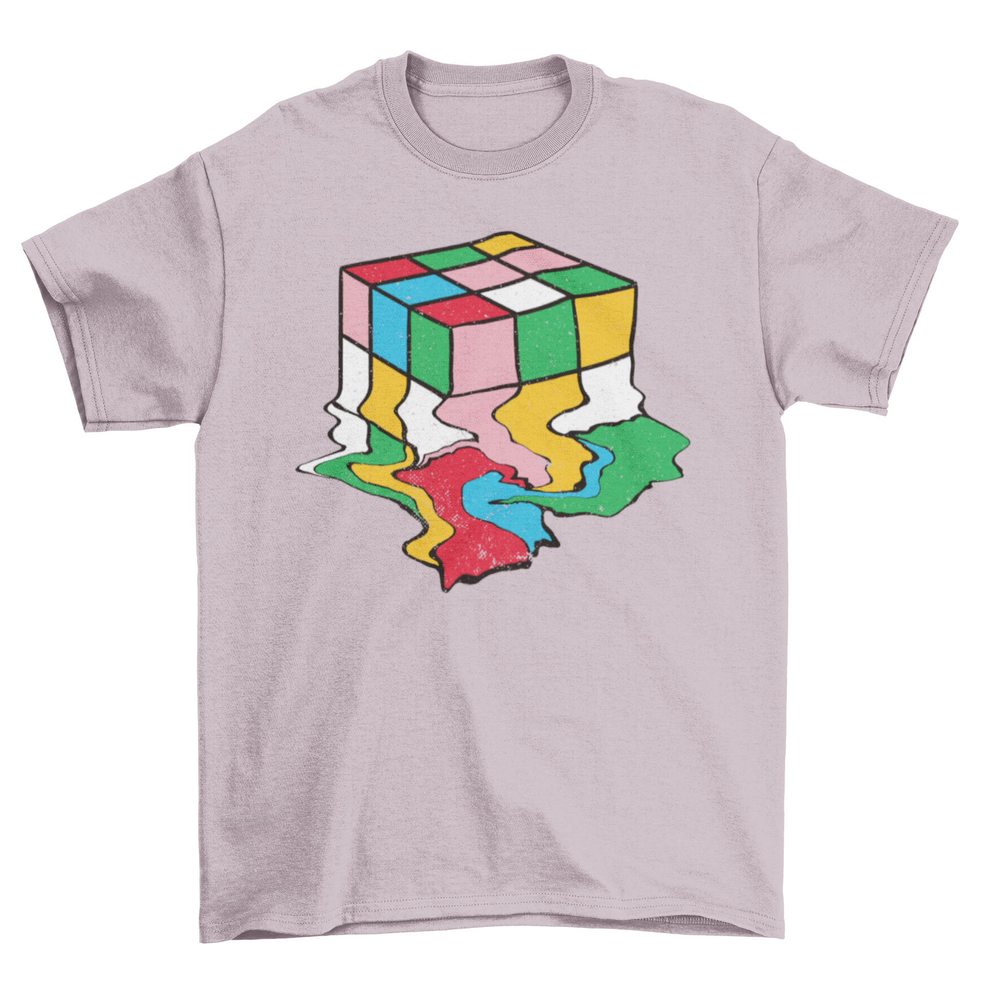 A stylish t-shirt featuring a melting Rubik's cube illustration, showcasing vibrant colors and a unique design.