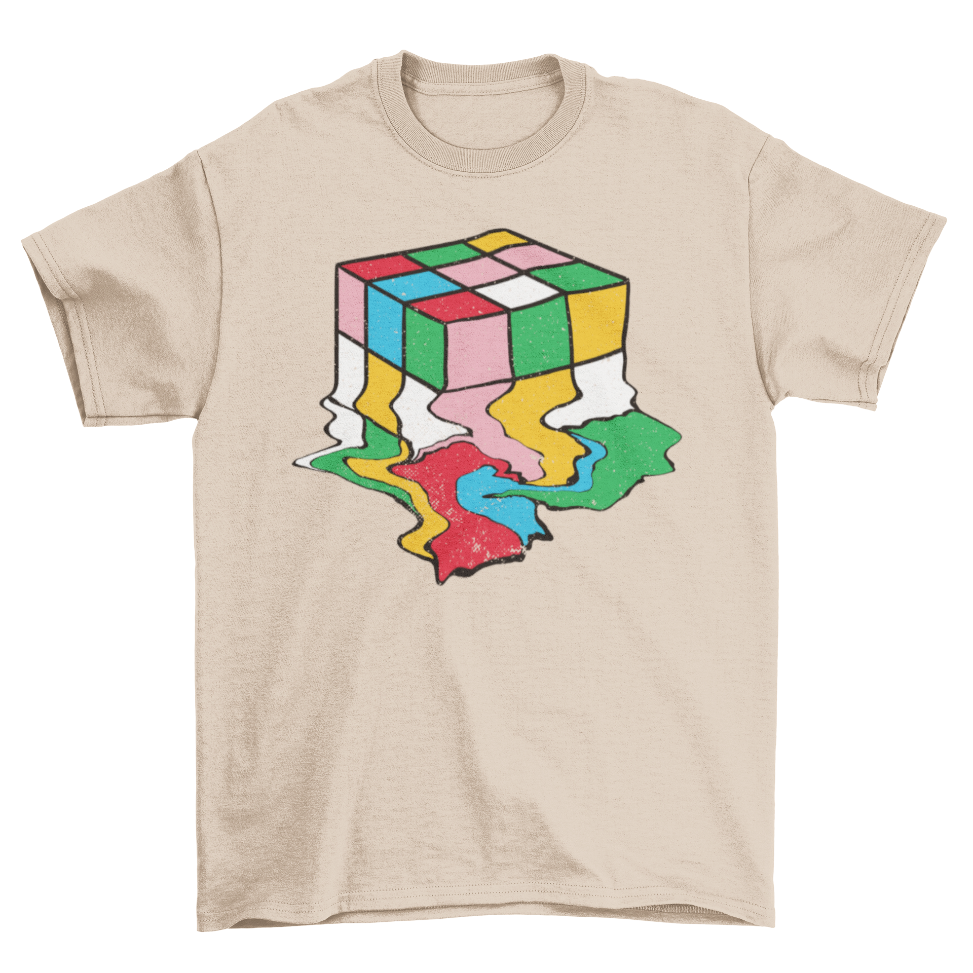 A stylish t-shirt featuring a melting Rubik's cube illustration, showcasing vibrant colors and a unique design.