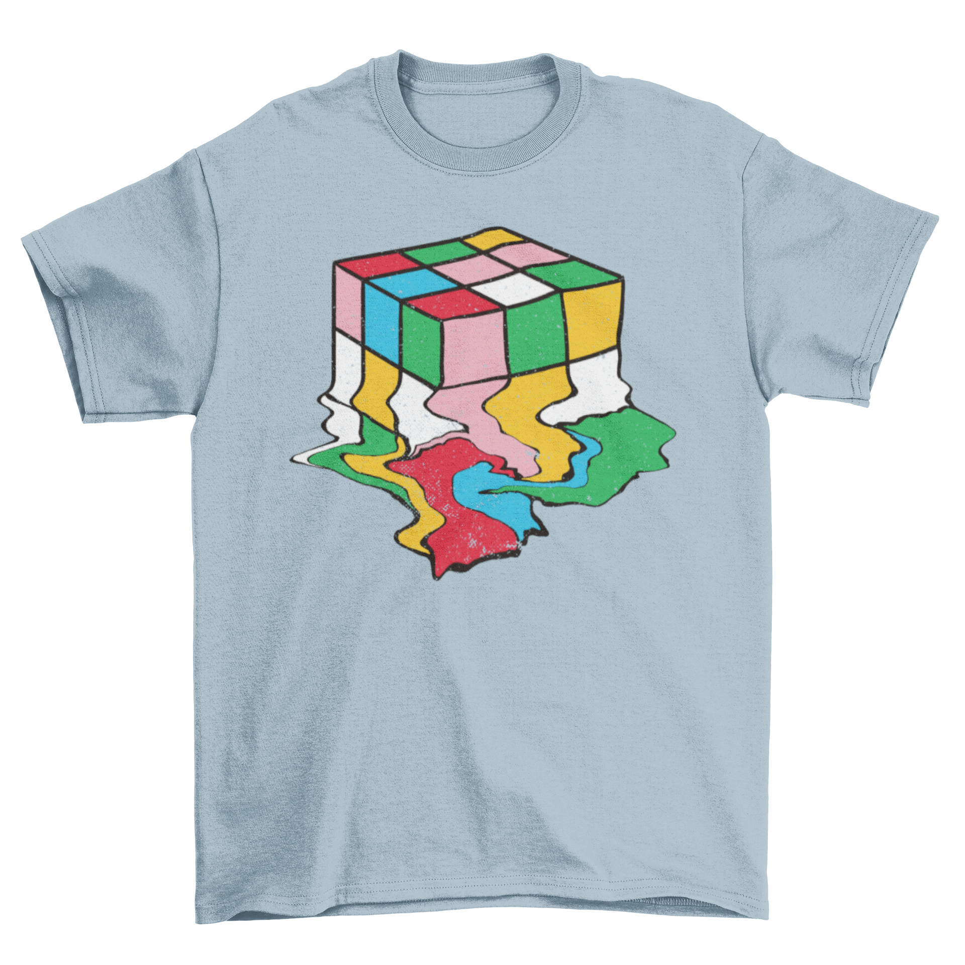 A stylish t-shirt featuring a melting Rubik's cube illustration, showcasing vibrant colors and a unique design.