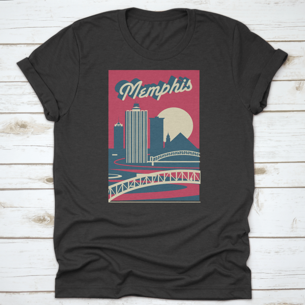 Memphis Tennessee skyline postcard logo design on a cotton fabric, showcasing iconic city landmarks.