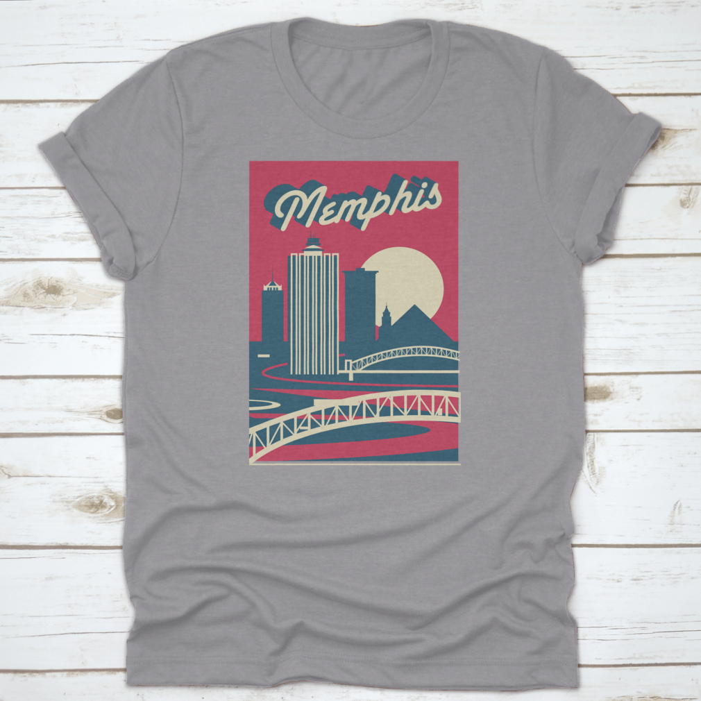 Memphis Tennessee skyline postcard logo design on a cotton fabric, showcasing iconic city landmarks.