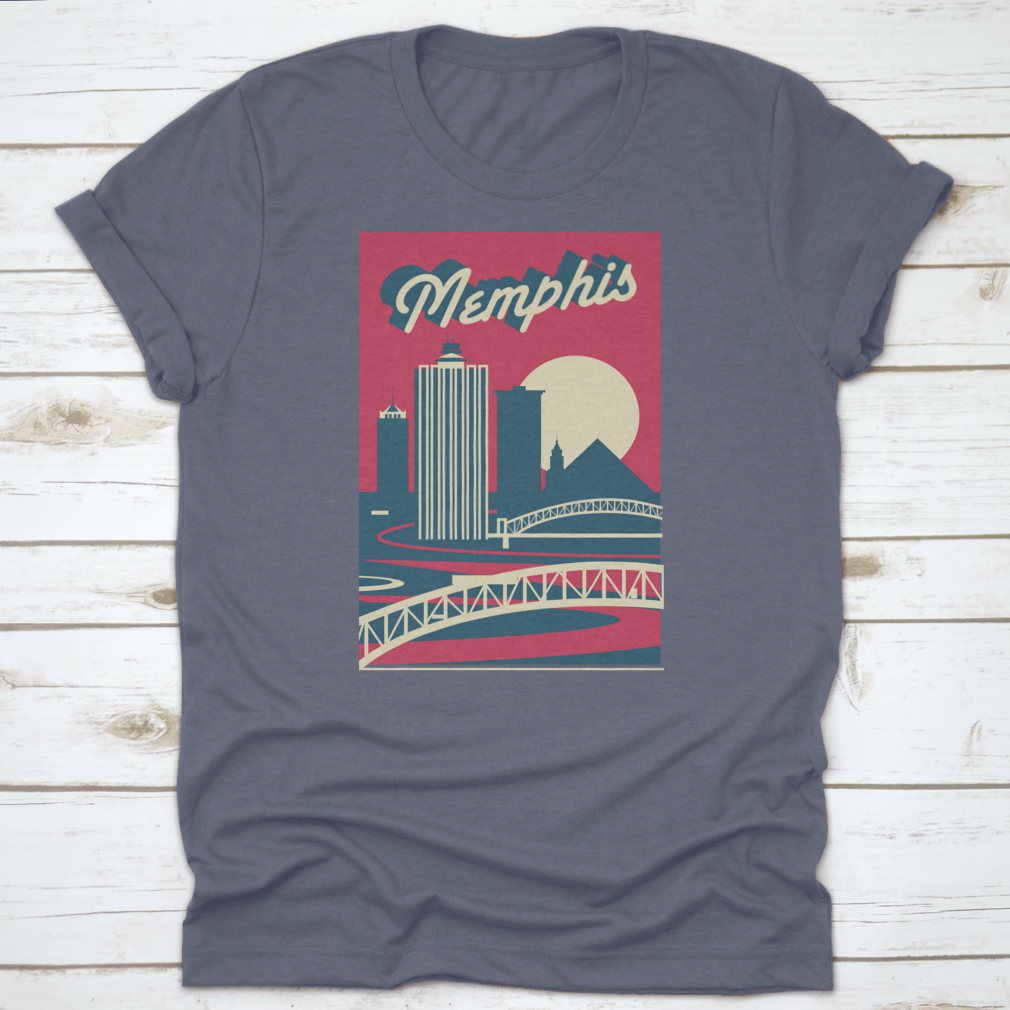 Memphis Tennessee skyline postcard logo design on a cotton fabric, showcasing iconic city landmarks.