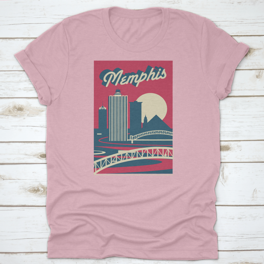 Memphis Tennessee skyline postcard logo design on a cotton fabric, showcasing iconic city landmarks.