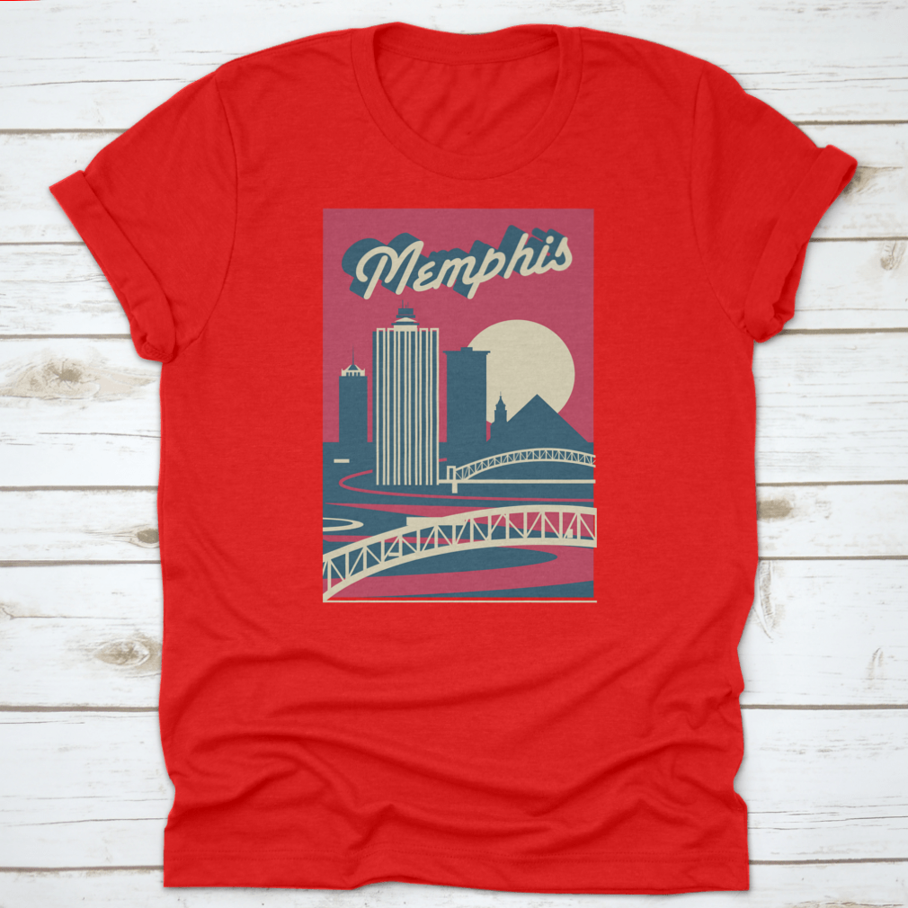 Memphis Tennessee skyline postcard logo design on a cotton fabric, showcasing iconic city landmarks.