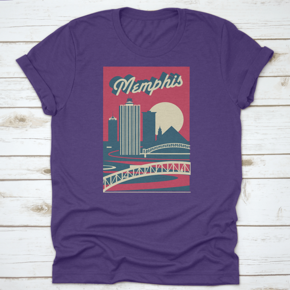 Memphis Tennessee skyline postcard logo design on a cotton fabric, showcasing iconic city landmarks.