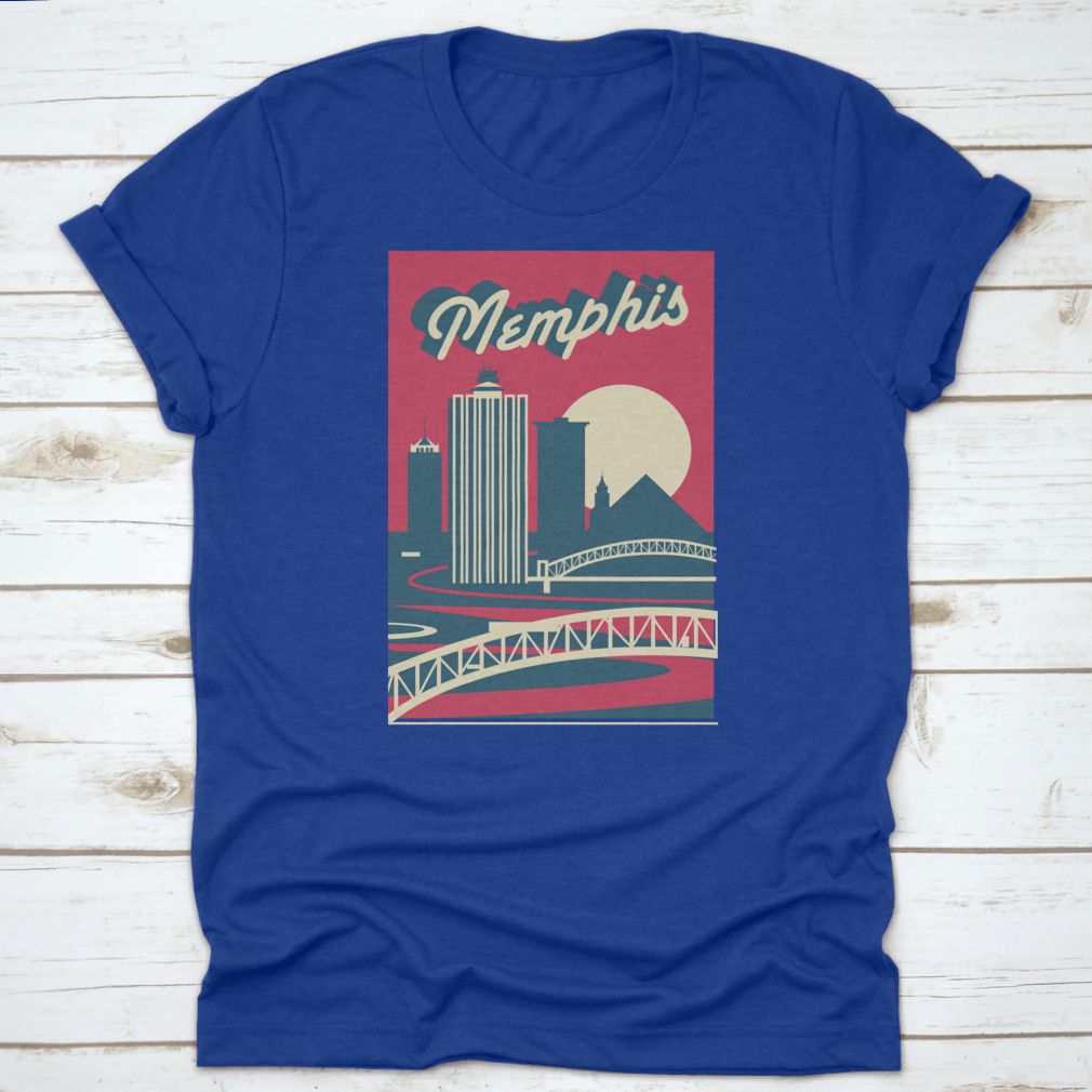 Memphis Tennessee skyline postcard logo design on a cotton fabric, showcasing iconic city landmarks.