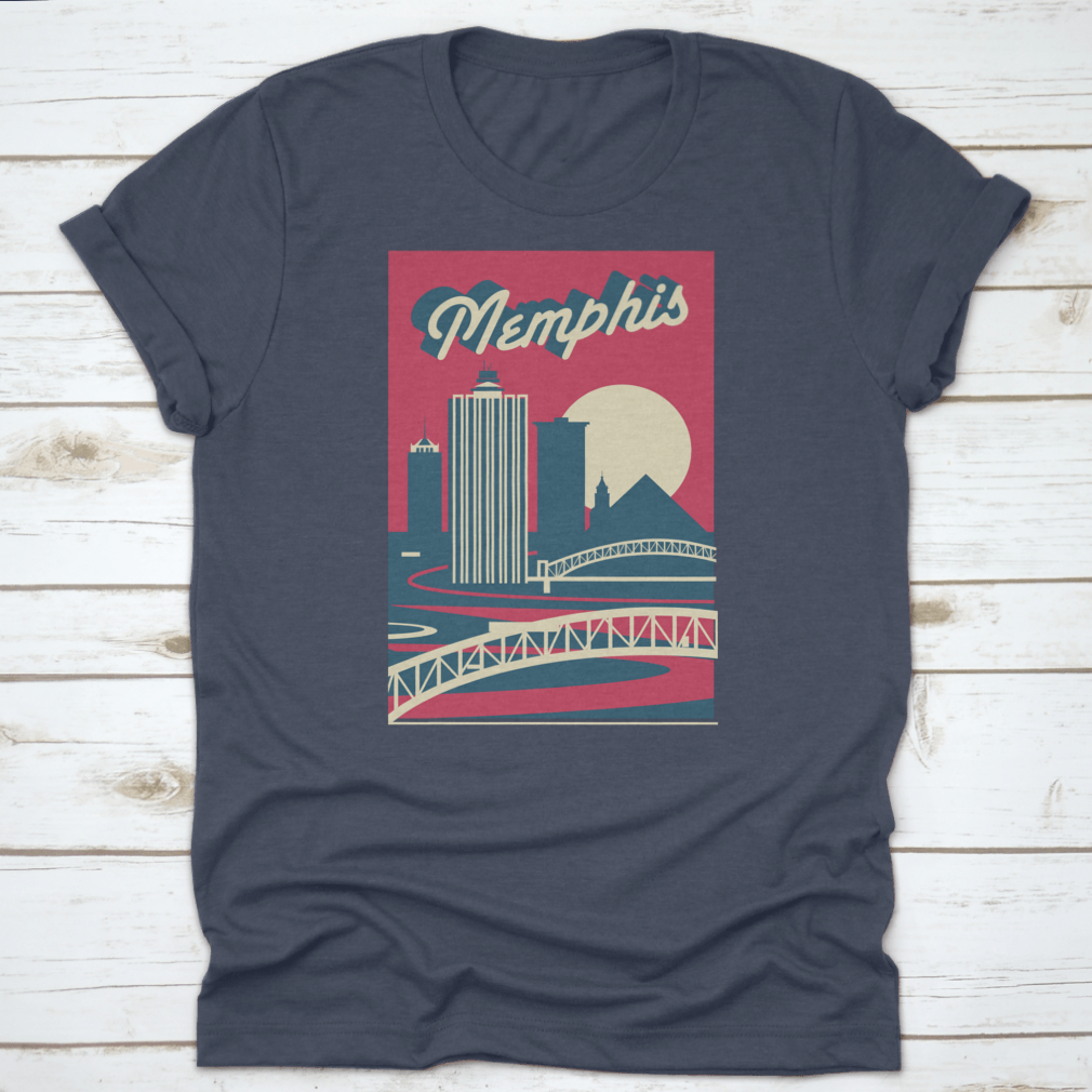 Memphis Tennessee skyline postcard logo design on a cotton fabric, showcasing iconic city landmarks.