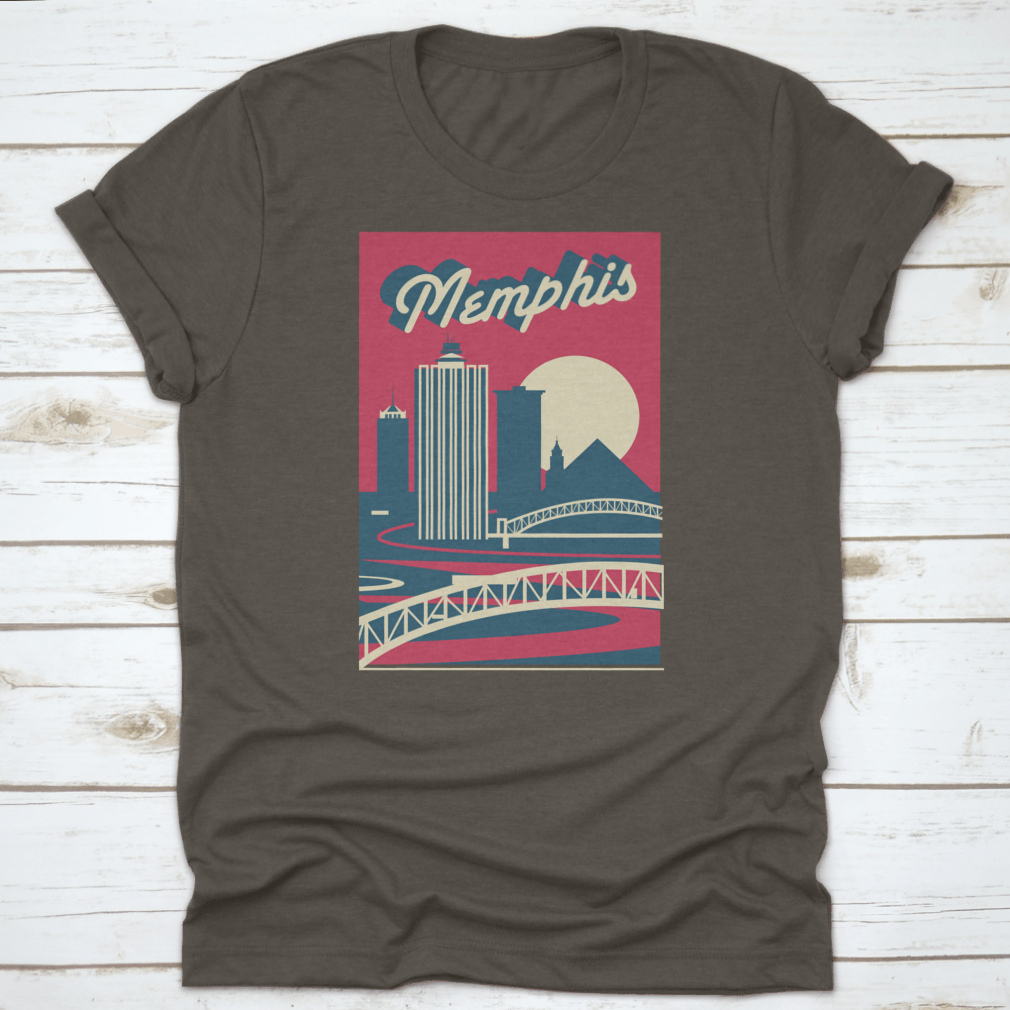 Memphis Tennessee skyline postcard logo design on a cotton fabric, showcasing iconic city landmarks.