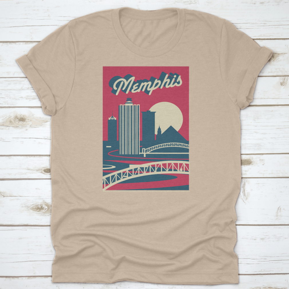 Memphis Tennessee skyline postcard logo design on a cotton fabric, showcasing iconic city landmarks.