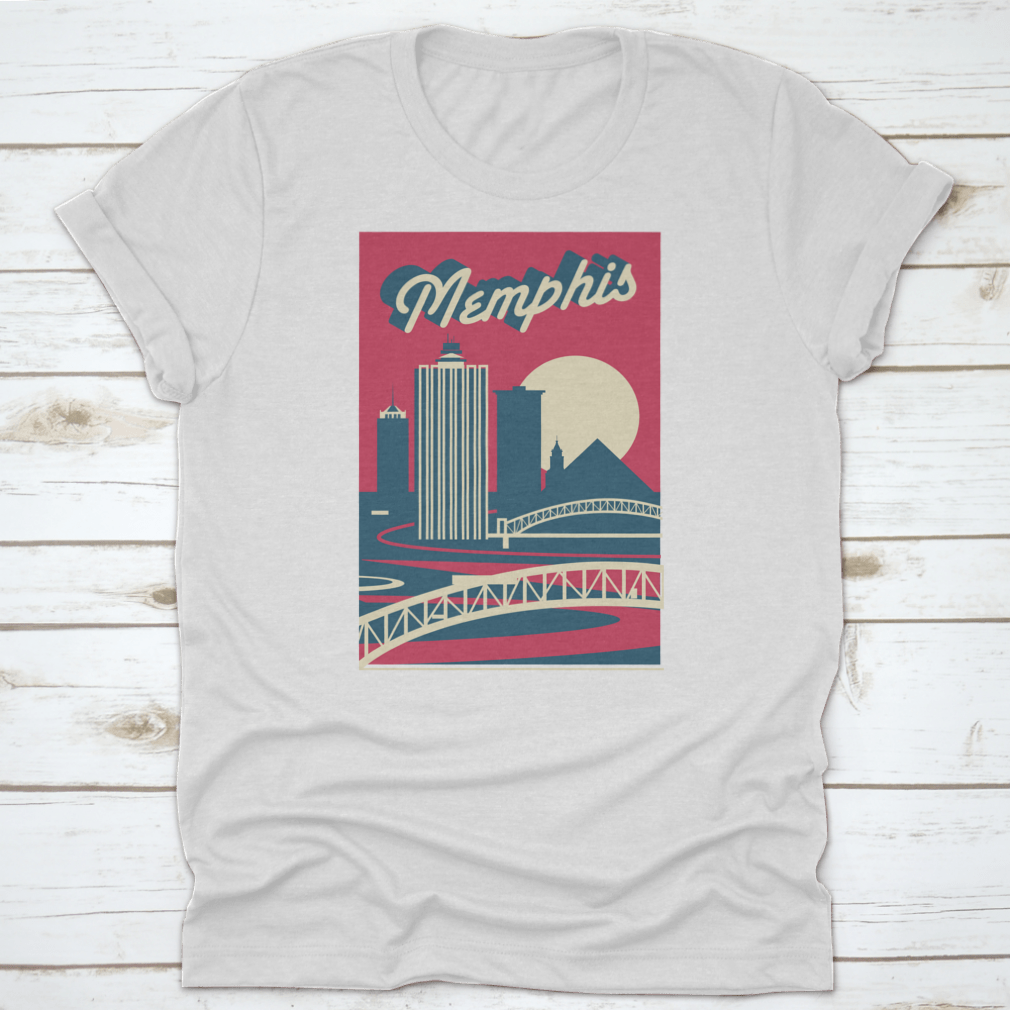 Memphis Tennessee skyline postcard logo design on a cotton fabric, showcasing iconic city landmarks.