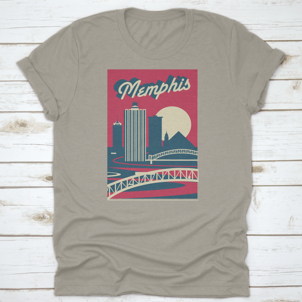 Memphis Tennessee skyline postcard logo design on a cotton fabric, showcasing iconic city landmarks.